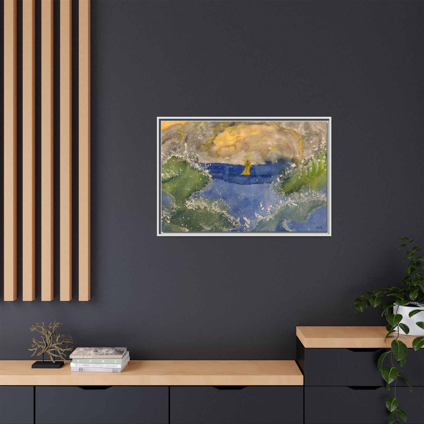 "Faith in the Storm" Framed Matte Canvas Seascape — Golden Sail at Sunset