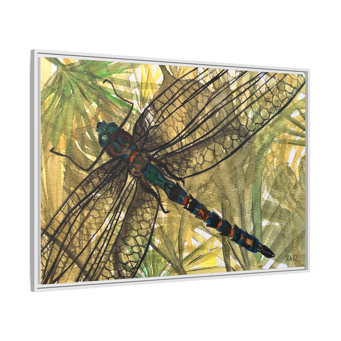 Dragonfly Framed Canvas Art — Botanical Watercolor Wall Decor