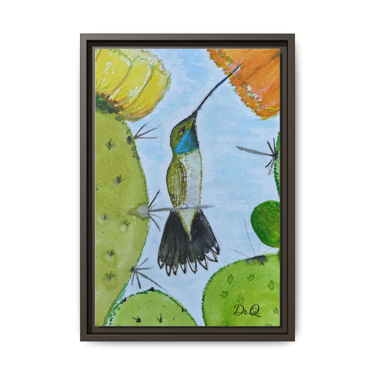 Framed Hummingbird Cactus Watercolor Print on Canvas by Dr. Q — Floral Desert Wall Art