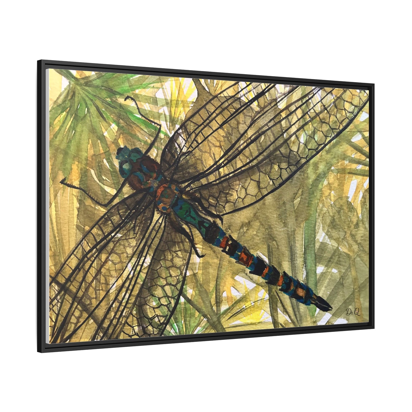Dragonfly Framed Canvas Art — Botanical Watercolor Wall Decor
