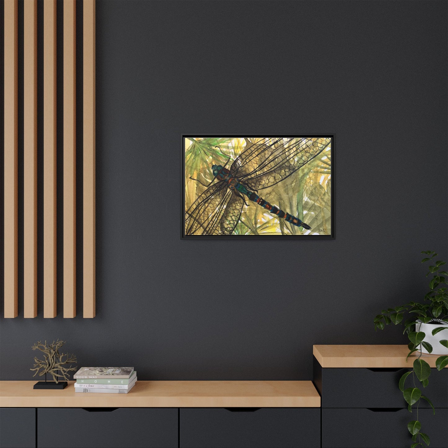 Dragonfly Framed Canvas Art — Botanical Watercolor Wall Decor