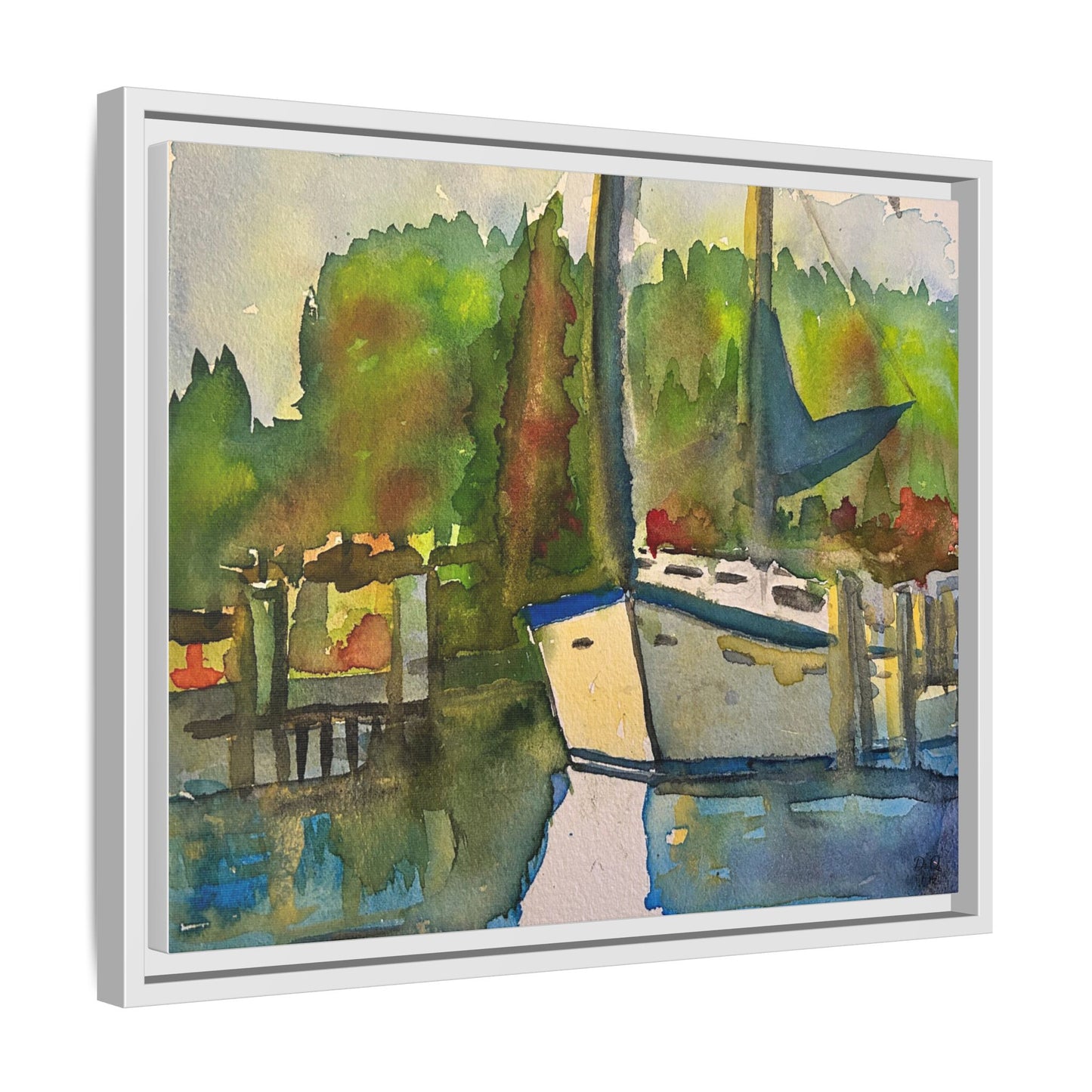 Sailboat Harbor Watercolor — Framed Matte Canvas Wall Art