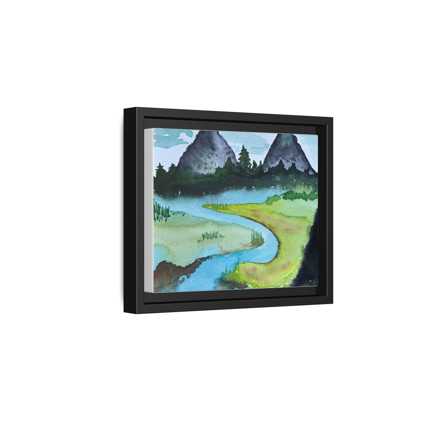 Mountain River Framed Canvas Watercolor Print by Dr. Q