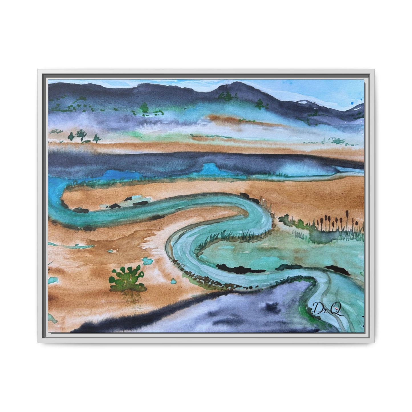 Winding River by Dr. Q - Framed Matte Canvas Watercolor Wall Art