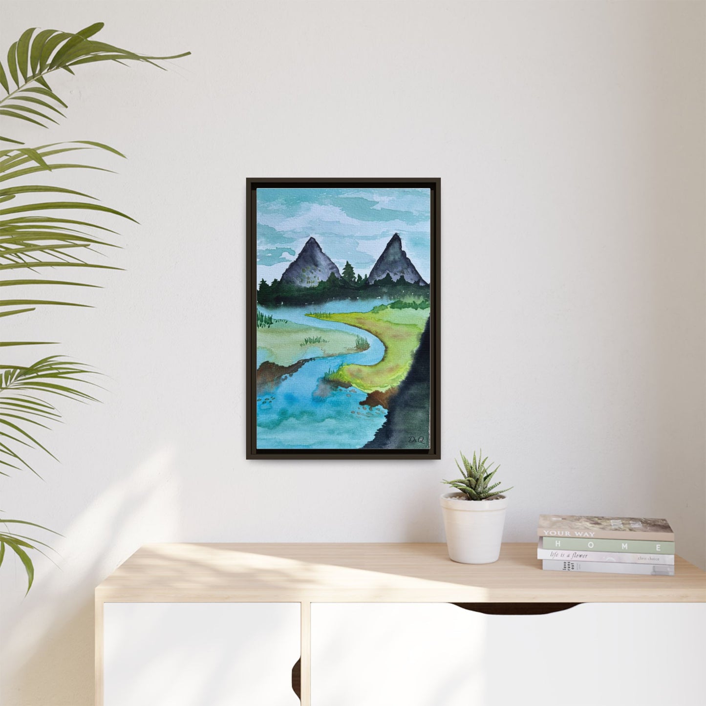 Mountain River Framed Canvas Watercolor Print by Dr. Q