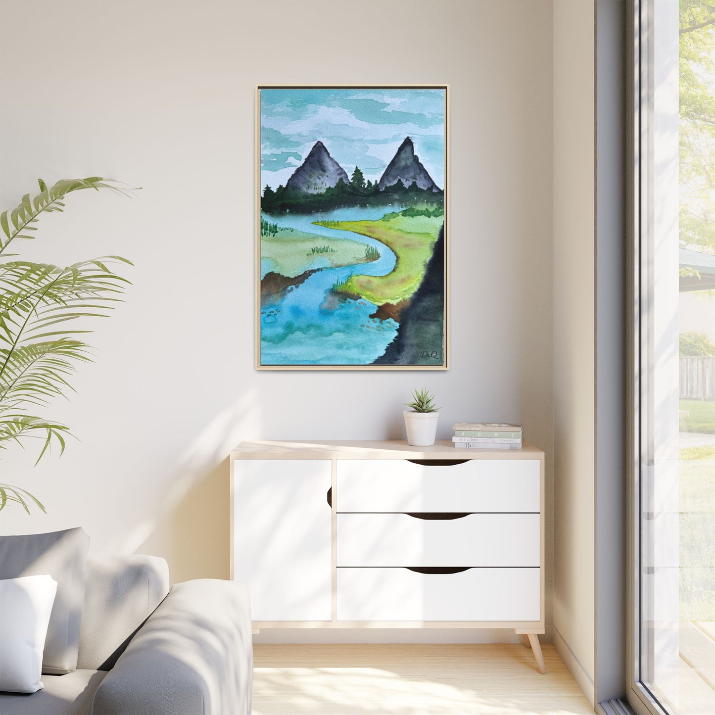 Mountain River Framed Canvas Watercolor Print by Dr. Q