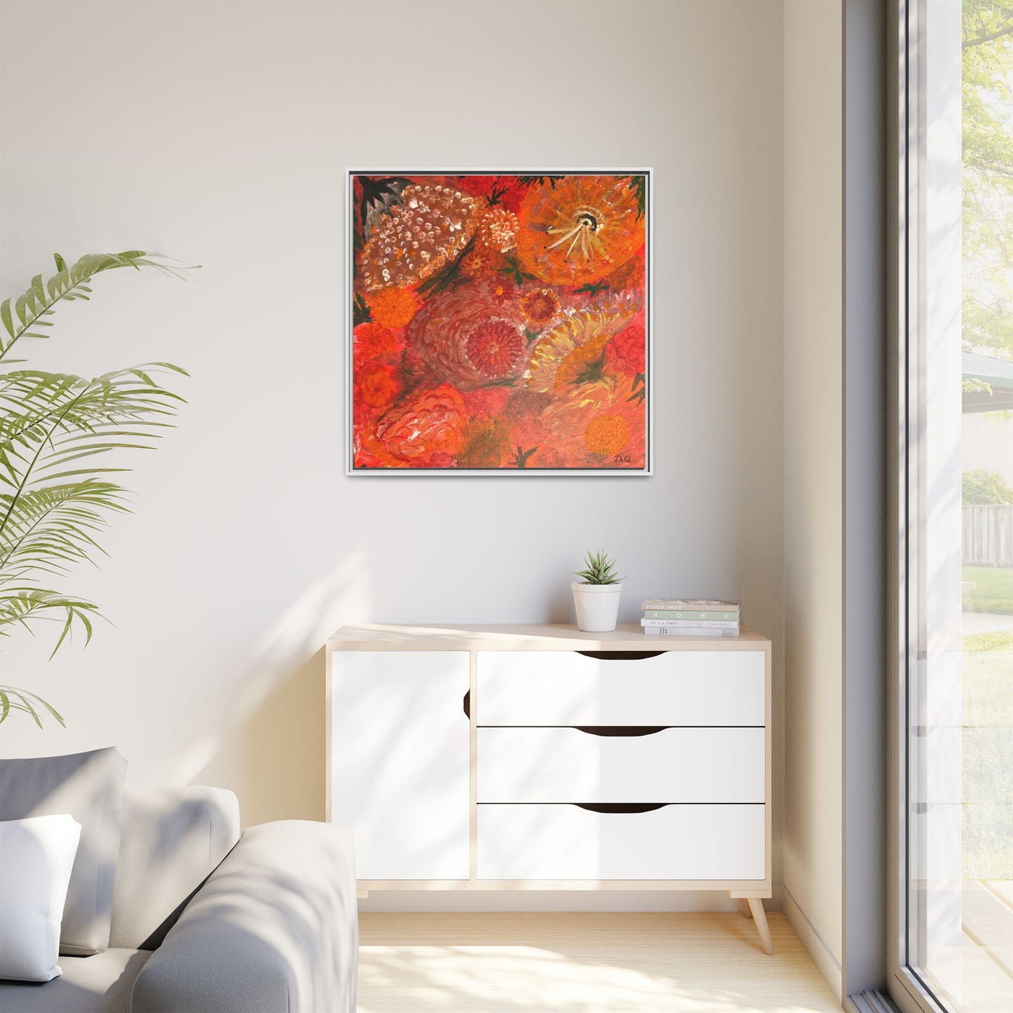 "Floral Burst" Abstract Red Floral Matte Canvas Framed Wall Art