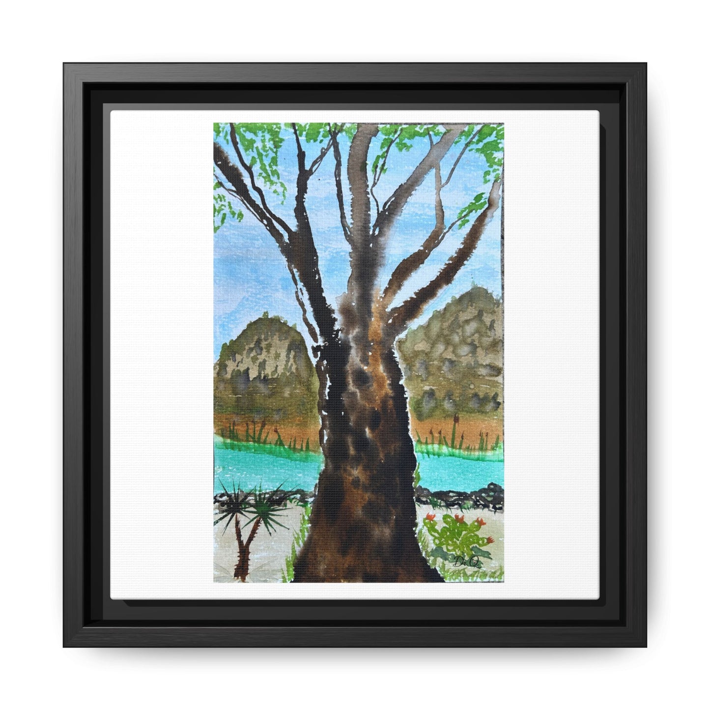 Tranquil Lakeside Tree Watercolor - Framed Matte Canvas Print by Dr. Q