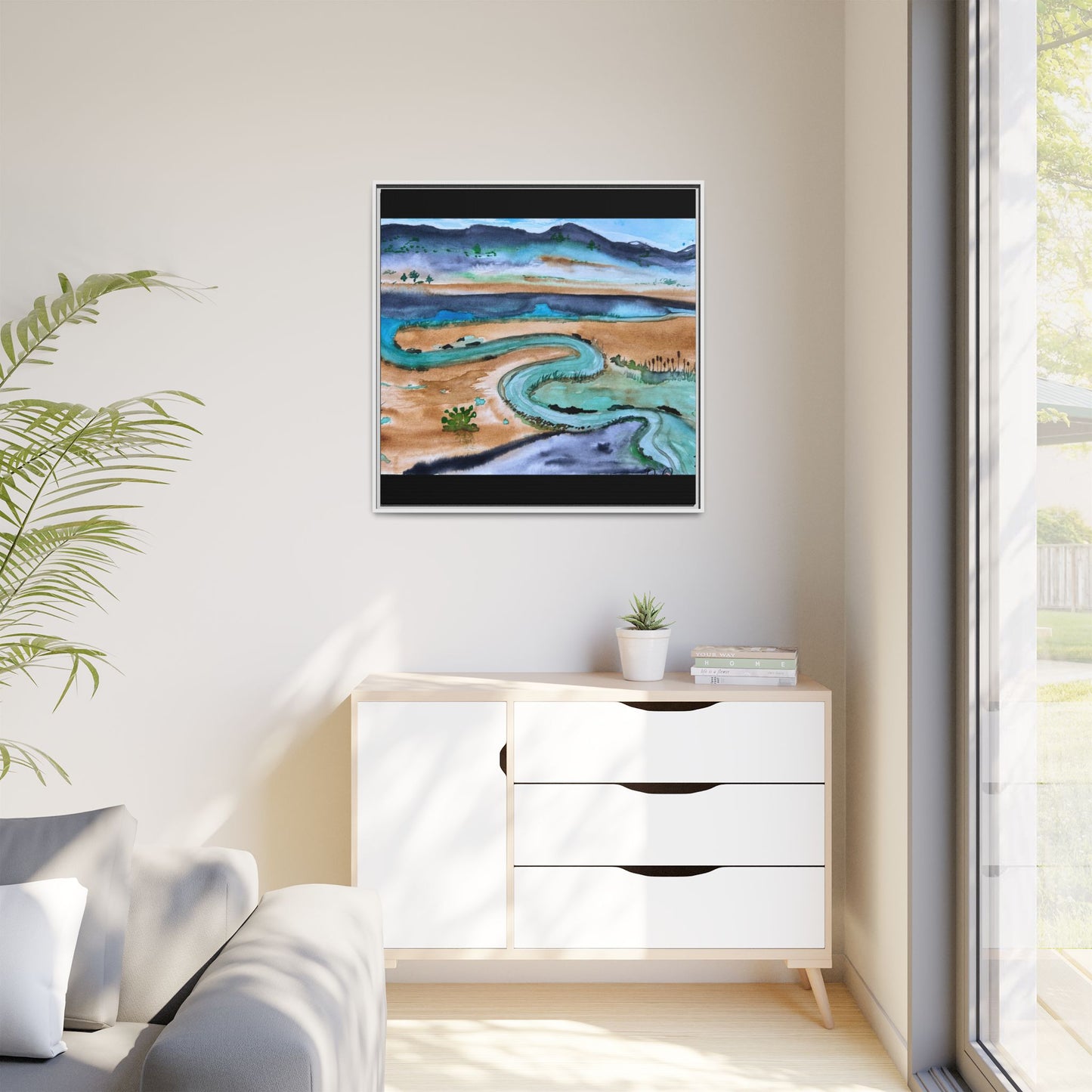 Winding River by Dr. Q - Framed Matte Canvas Watercolor Wall Art