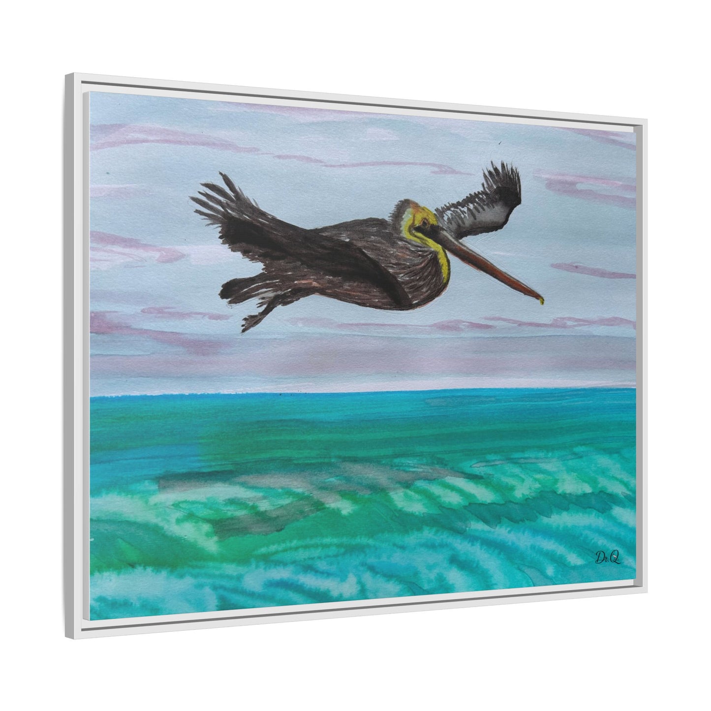 Brown Pelican Over Ocean Matte Framed Canvas Art