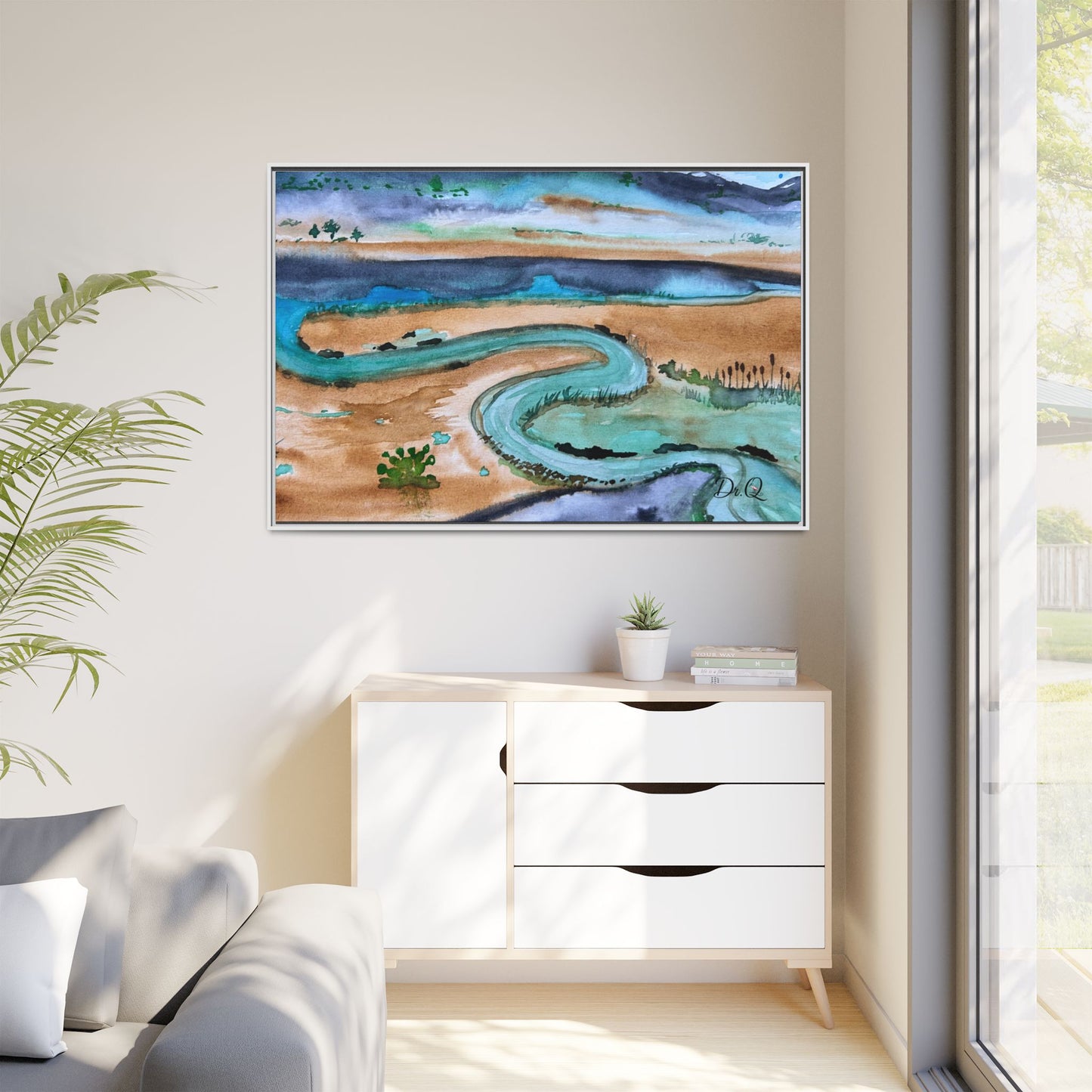 Winding River by Dr. Q - Framed Matte Canvas Watercolor Wall Art