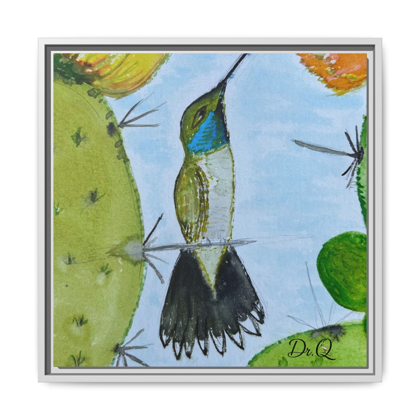 Framed Hummingbird Cactus Watercolor Print on Canvas by Dr. Q — Floral Desert Wall Art