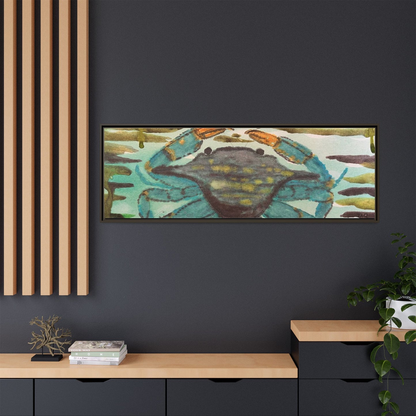 Blue Crab Coastal Art Print — Matte Framed Canvas