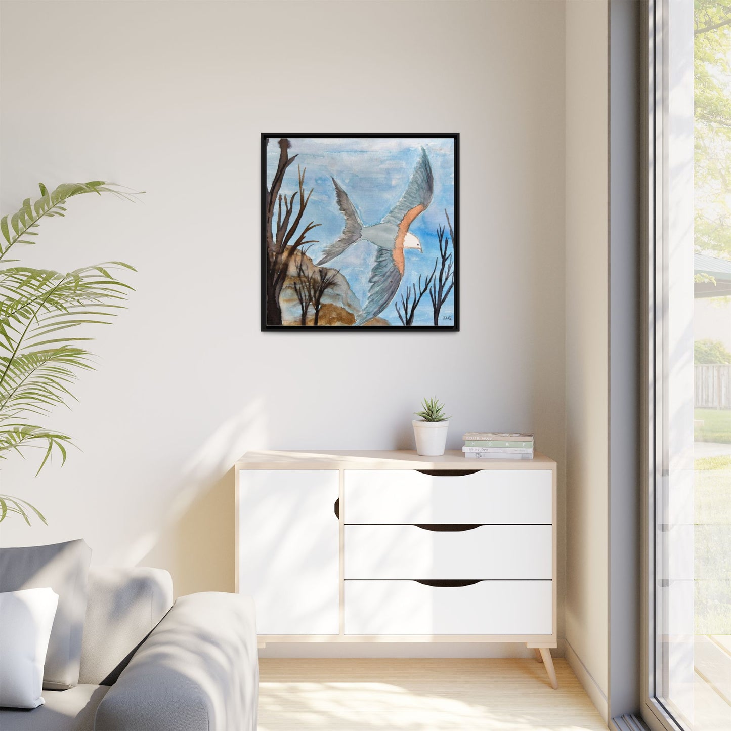 Framed Matte Canvas Wall Art — Soaring Seagull Coastal Print