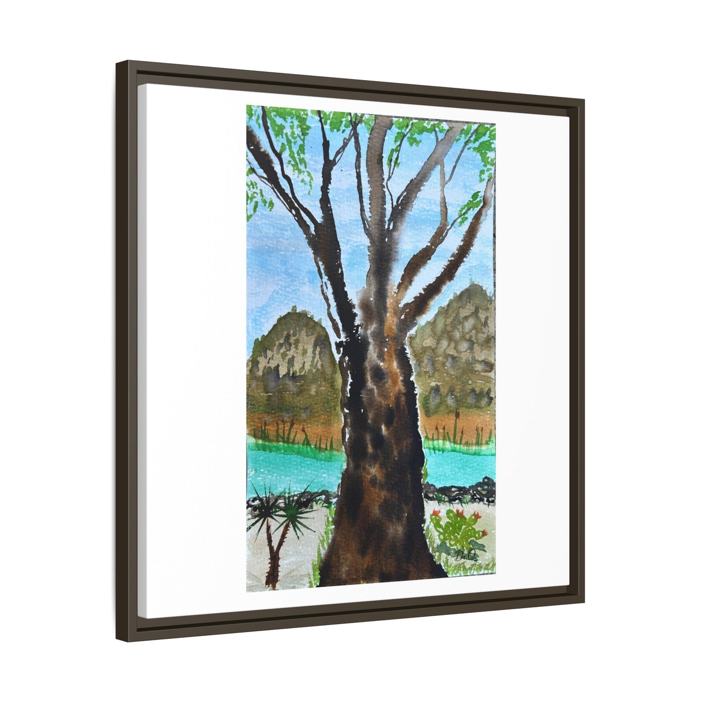 Tranquil Lakeside Tree Watercolor - Framed Matte Canvas Print by Dr. Q