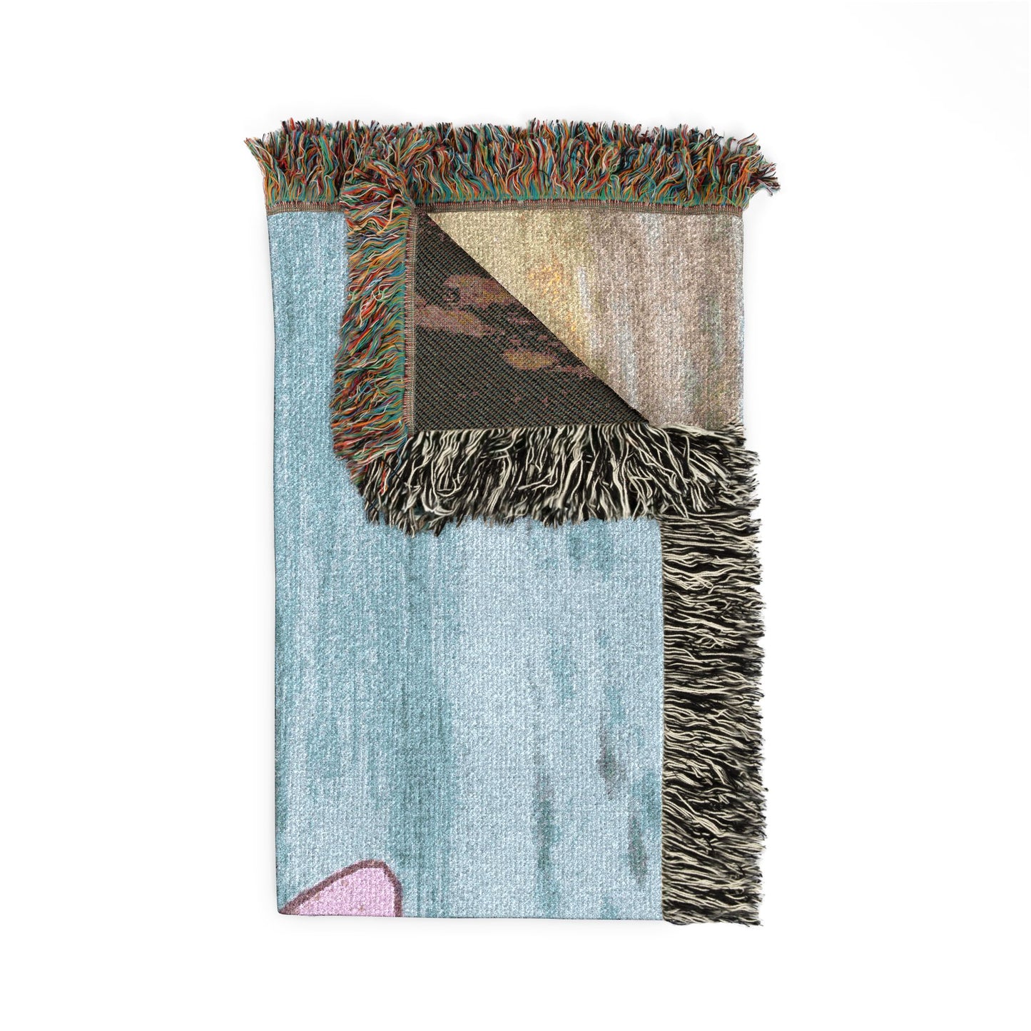 Beachside Woman Woven Blanket — Serene Seaside Throw with Pink Hat Design by Dr. Q