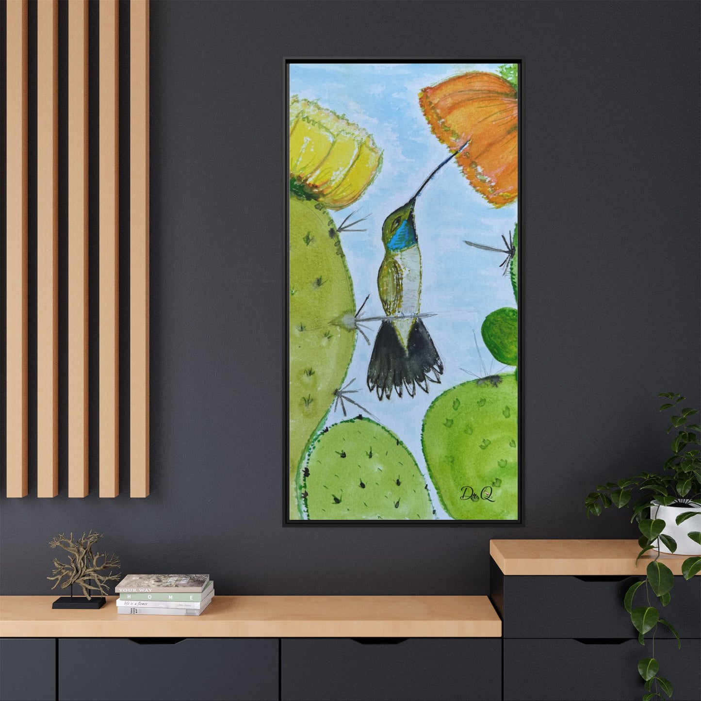 Framed Hummingbird Cactus Watercolor Print on Canvas by Dr. Q — Floral Desert Wall Art