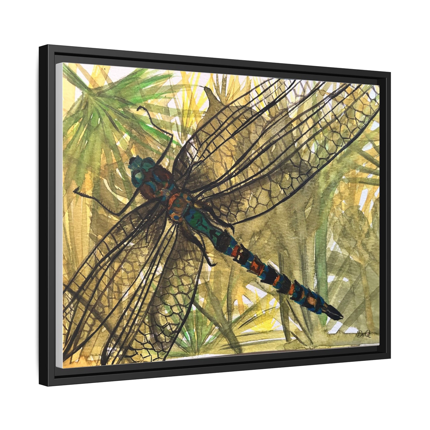 Dragonfly Framed Canvas Art — Botanical Watercolor Wall Decor
