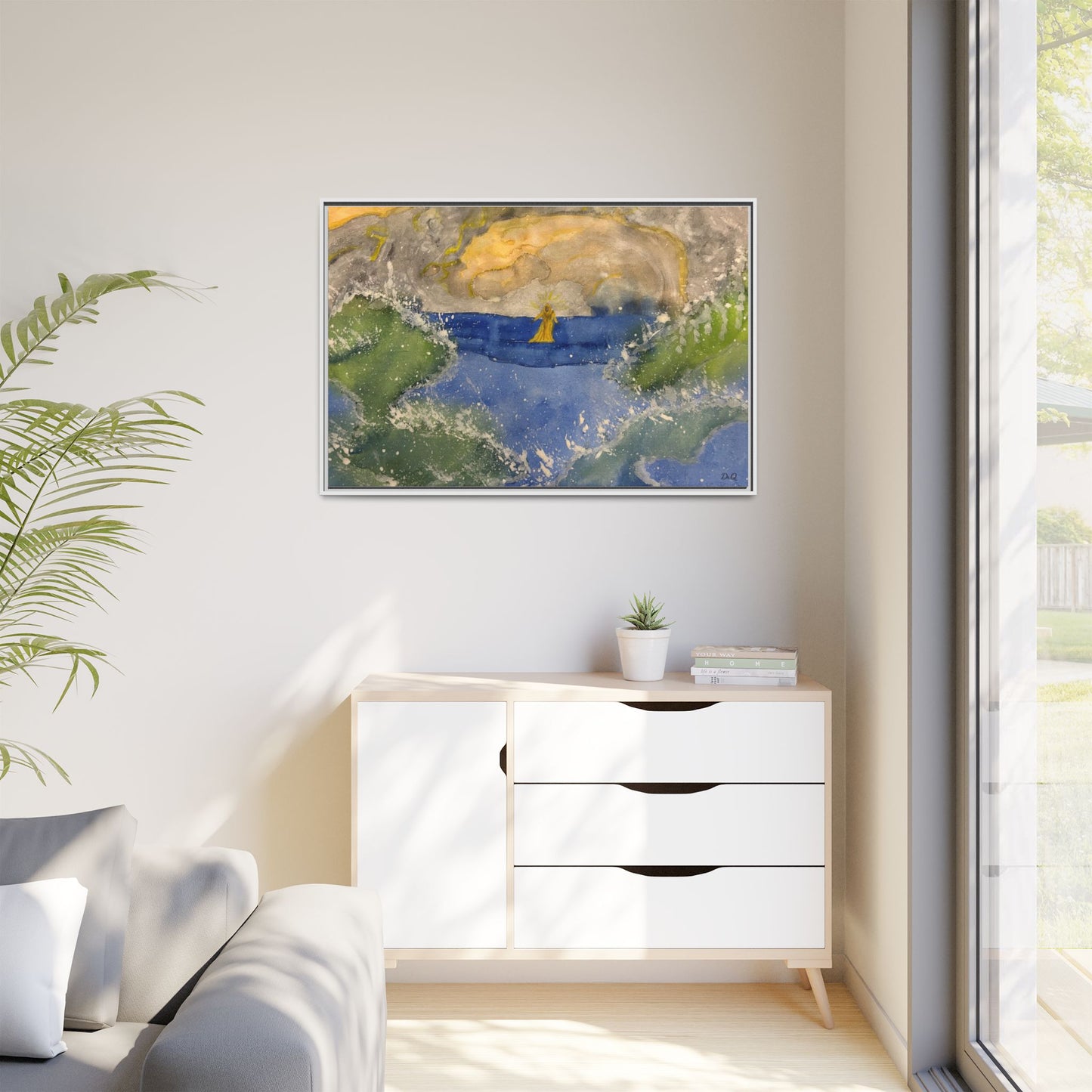 "Faith in the Storm" Framed Matte Canvas Seascape — Golden Sail at Sunset