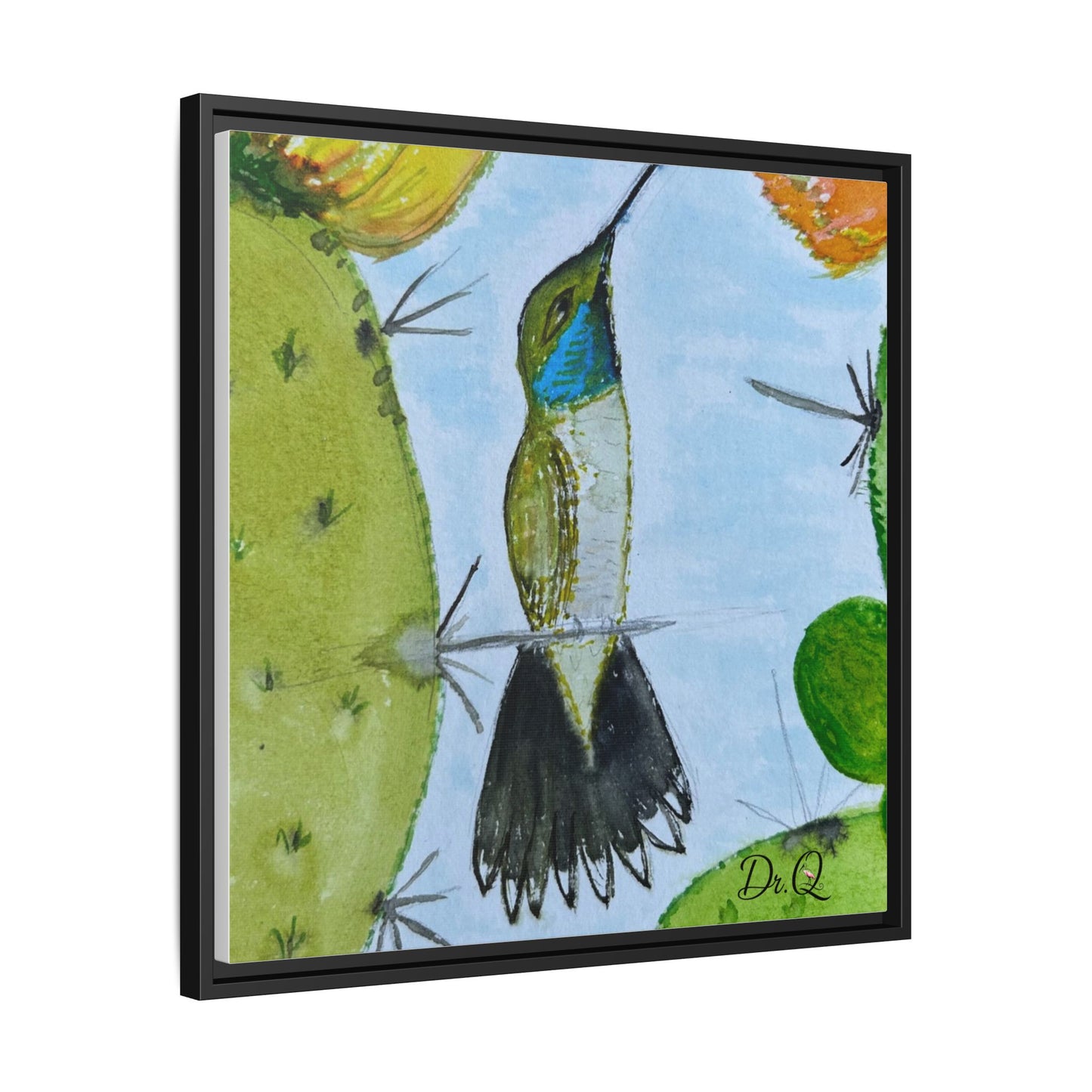 Framed Hummingbird Cactus Watercolor Print on Canvas by Dr. Q — Floral Desert Wall Art