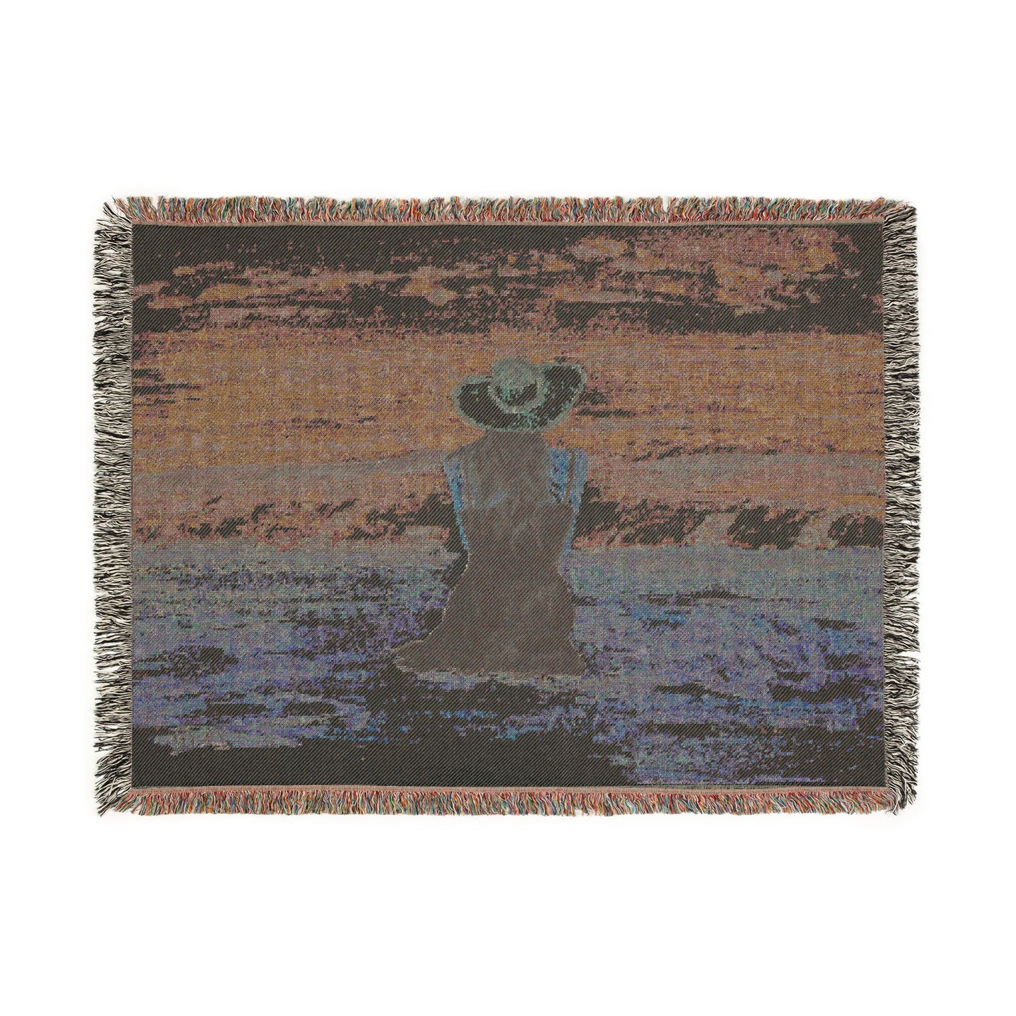 Beachside Woman Woven Blanket — Serene Seaside Throw with Pink Hat Design by Dr. Q