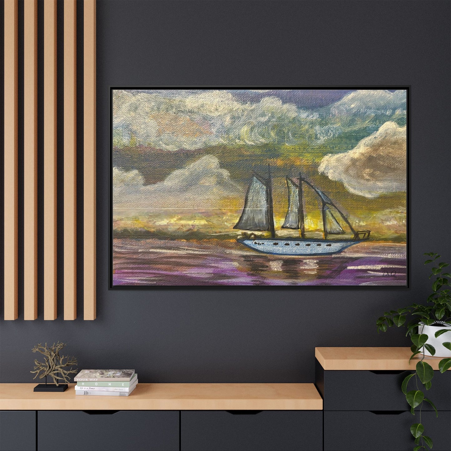 Framed Matte Canvas Sailboat Painting — Serene Seascape Wall Art
