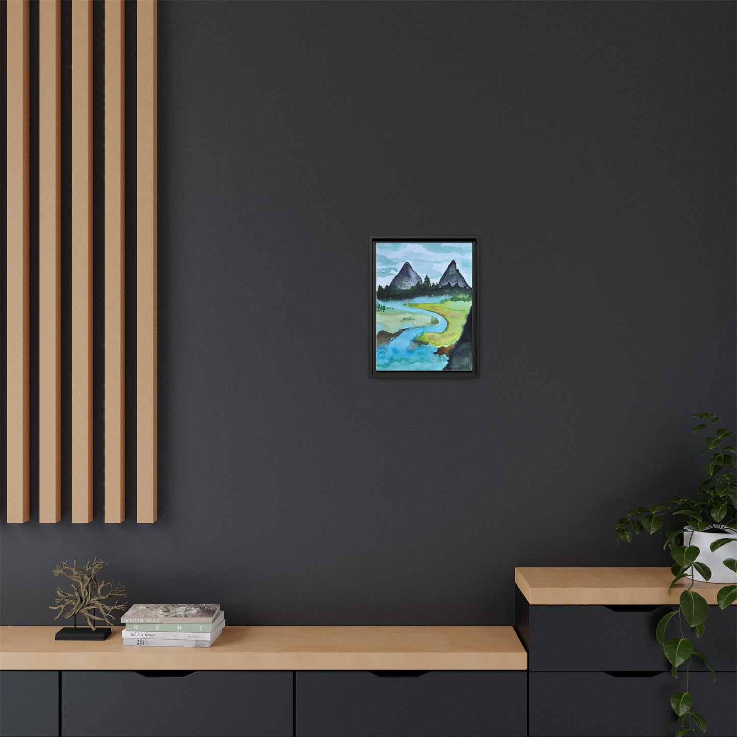 Mountain River Framed Canvas Watercolor Print by Dr. Q