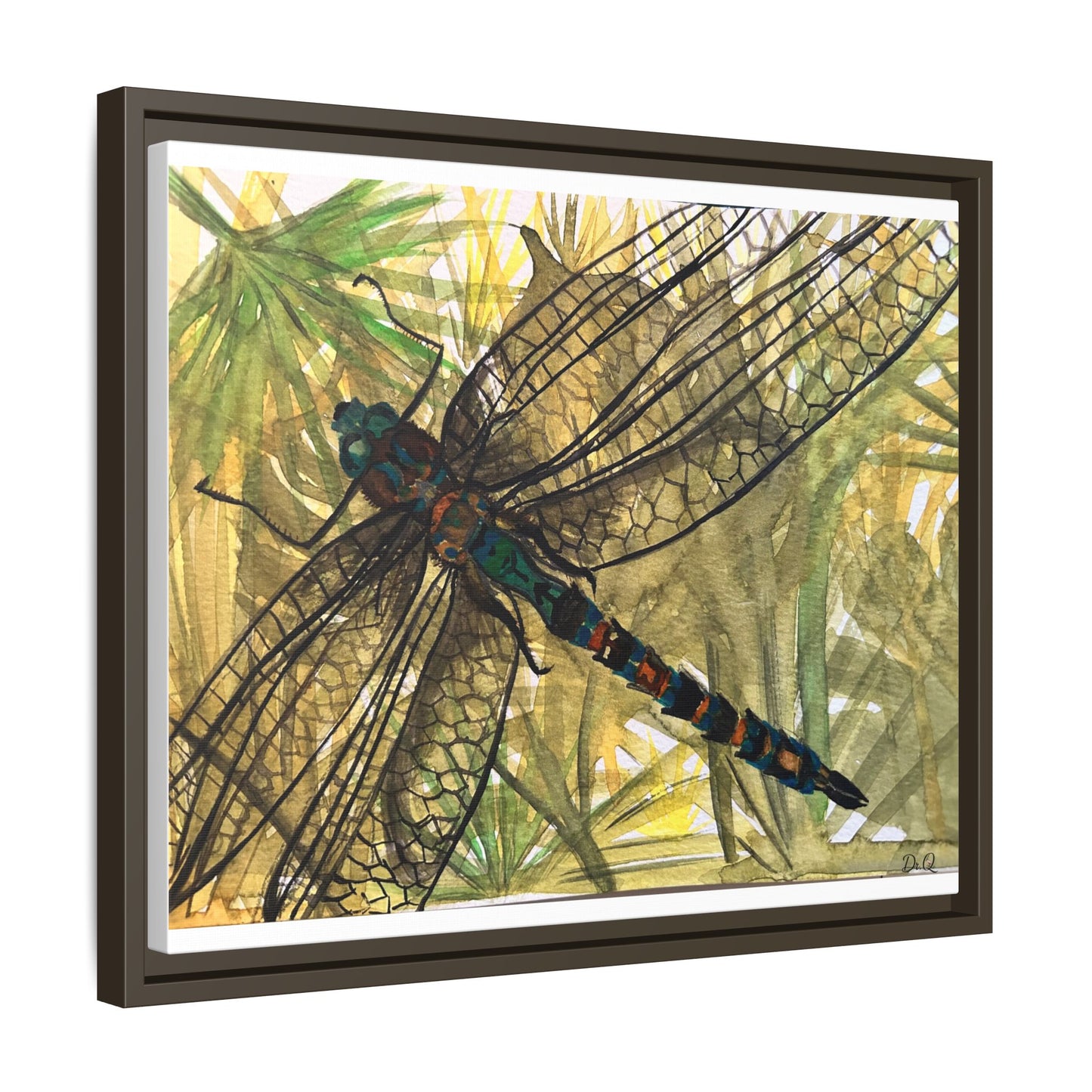 Dragonfly Framed Canvas Art — Botanical Watercolor Wall Decor