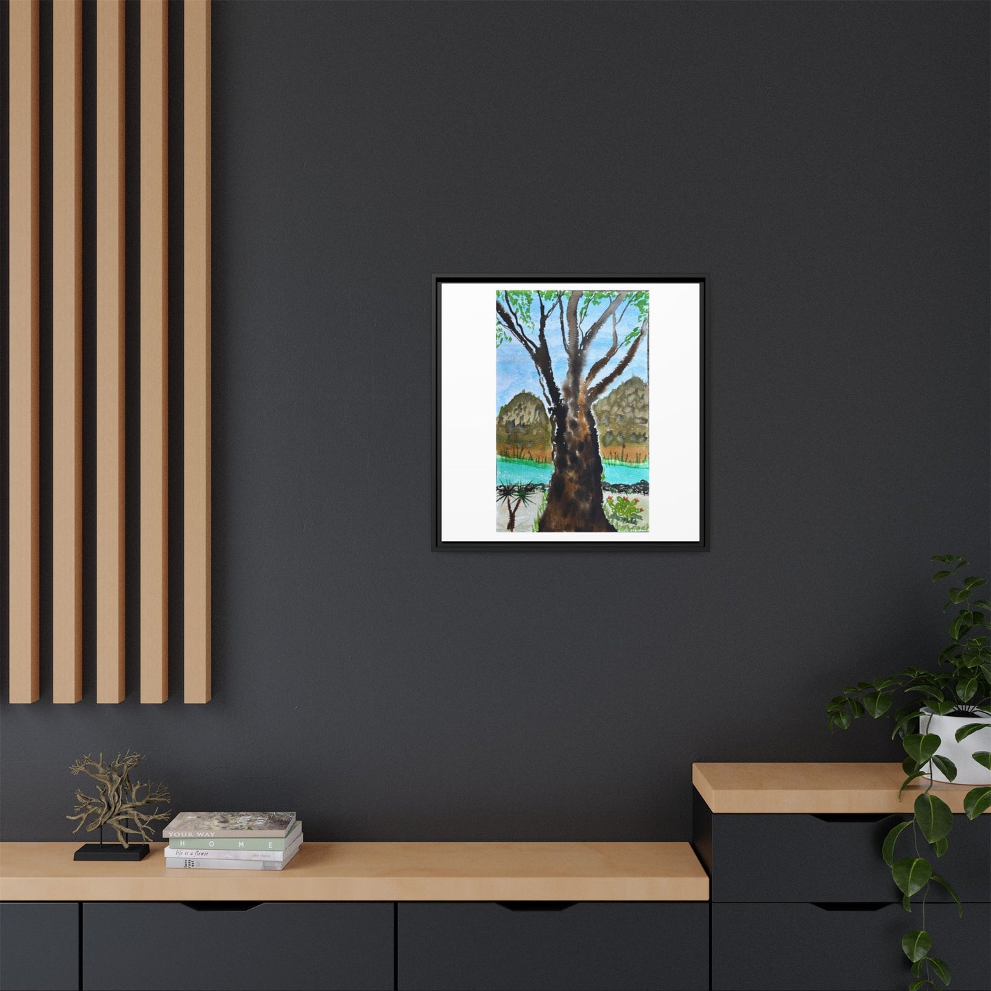 Tranquil Lakeside Tree Watercolor - Framed Matte Canvas Print by Dr. Q