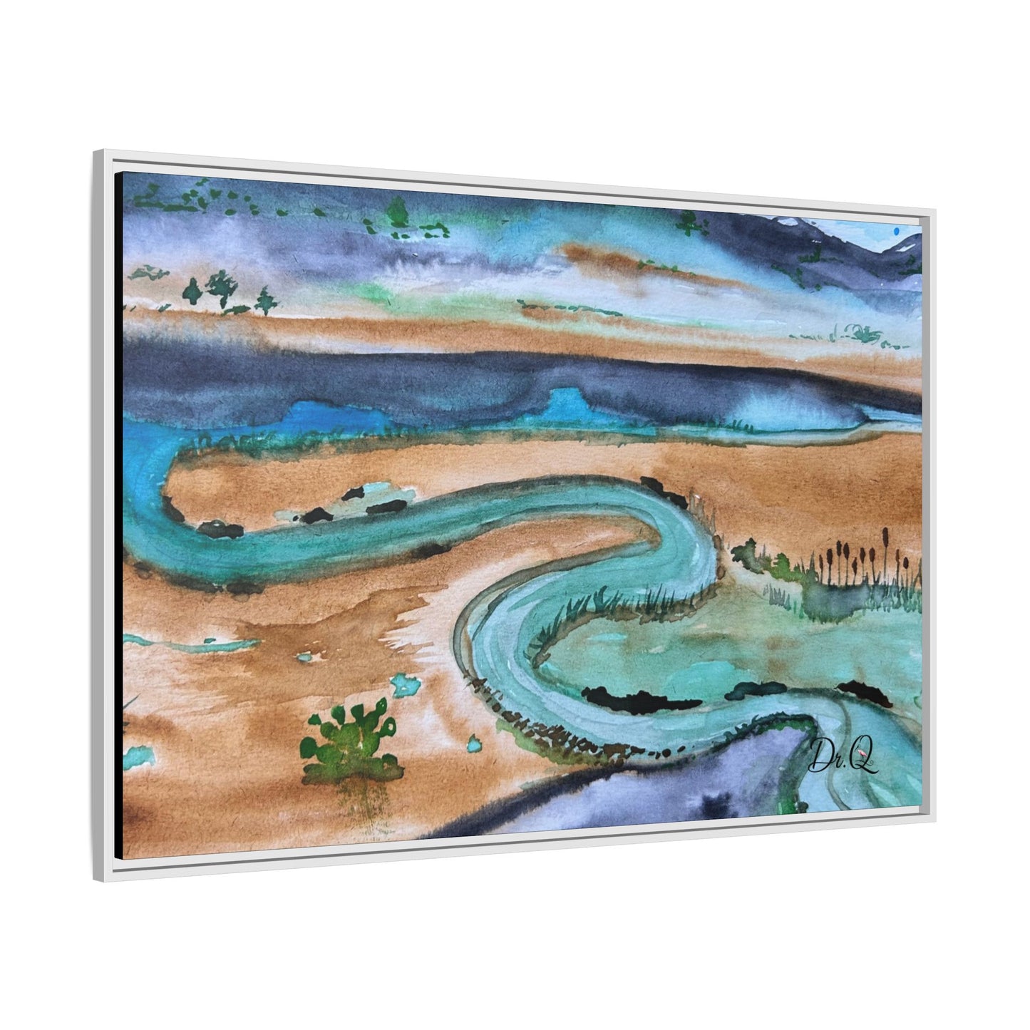 Winding River by Dr. Q - Framed Matte Canvas Watercolor Wall Art