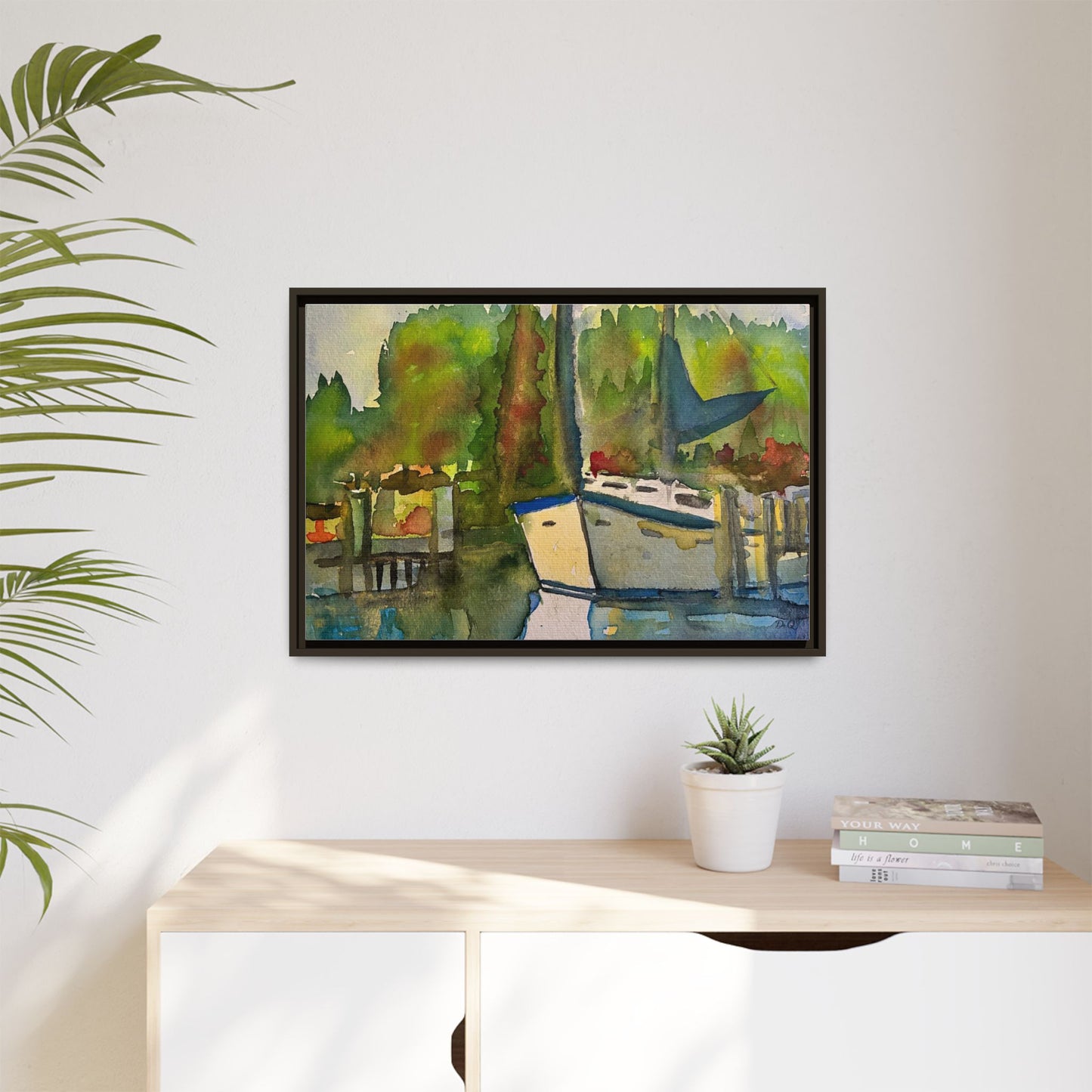 Sailboat Harbor Watercolor — Framed Matte Canvas Wall Art