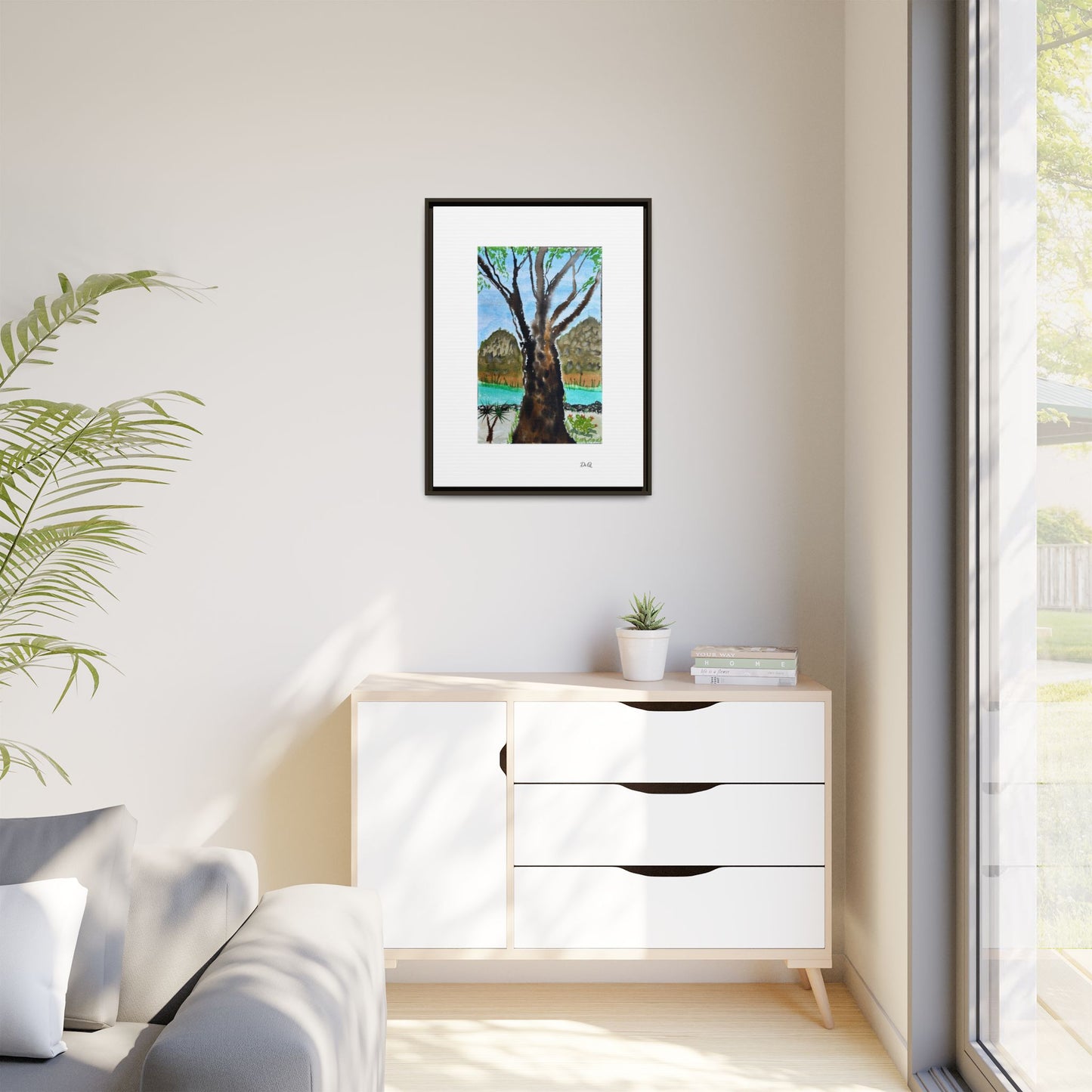 Tranquil Lakeside Tree Watercolor - Framed Matte Canvas Print by Dr. Q