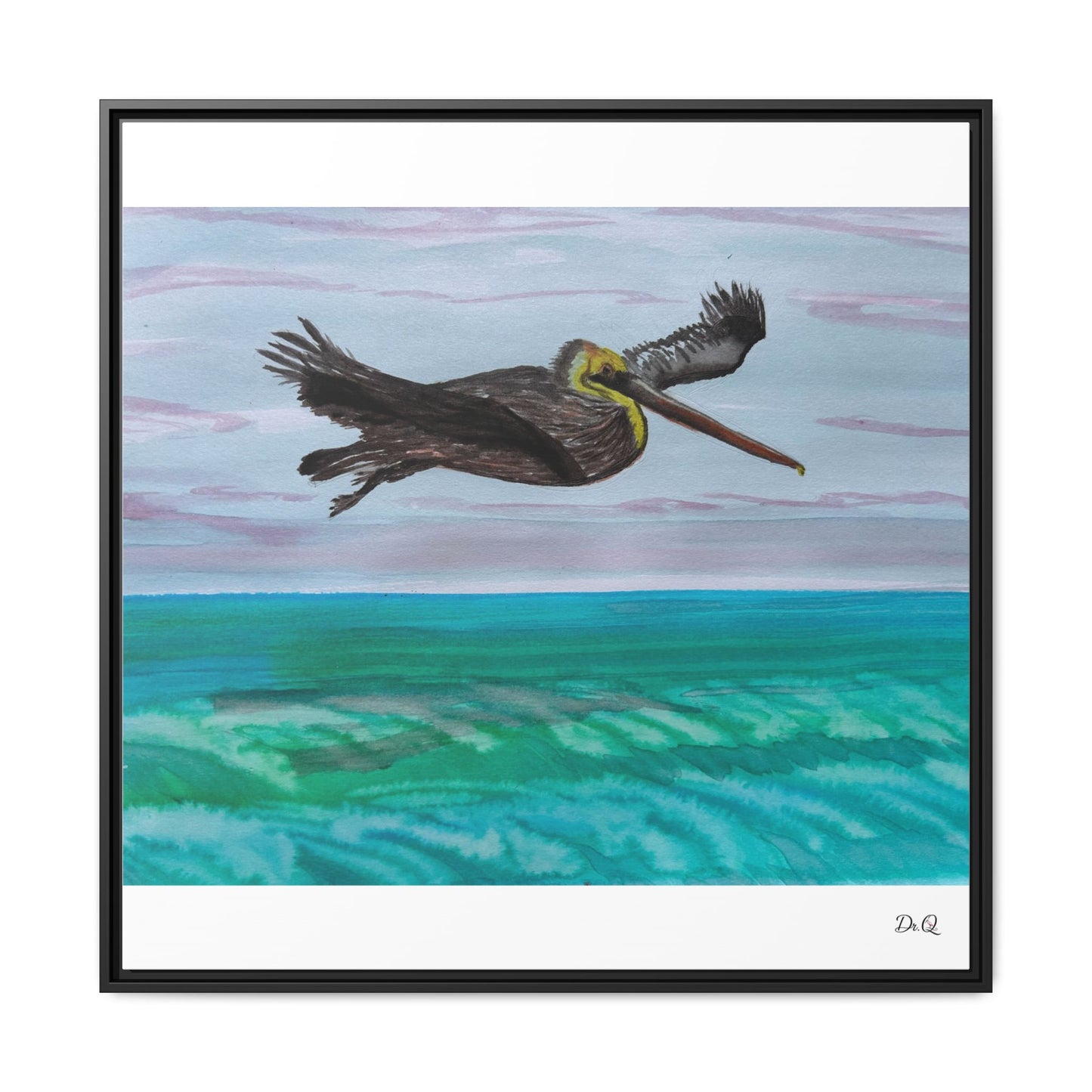 Brown Pelican Over Ocean Matte Framed Canvas Art