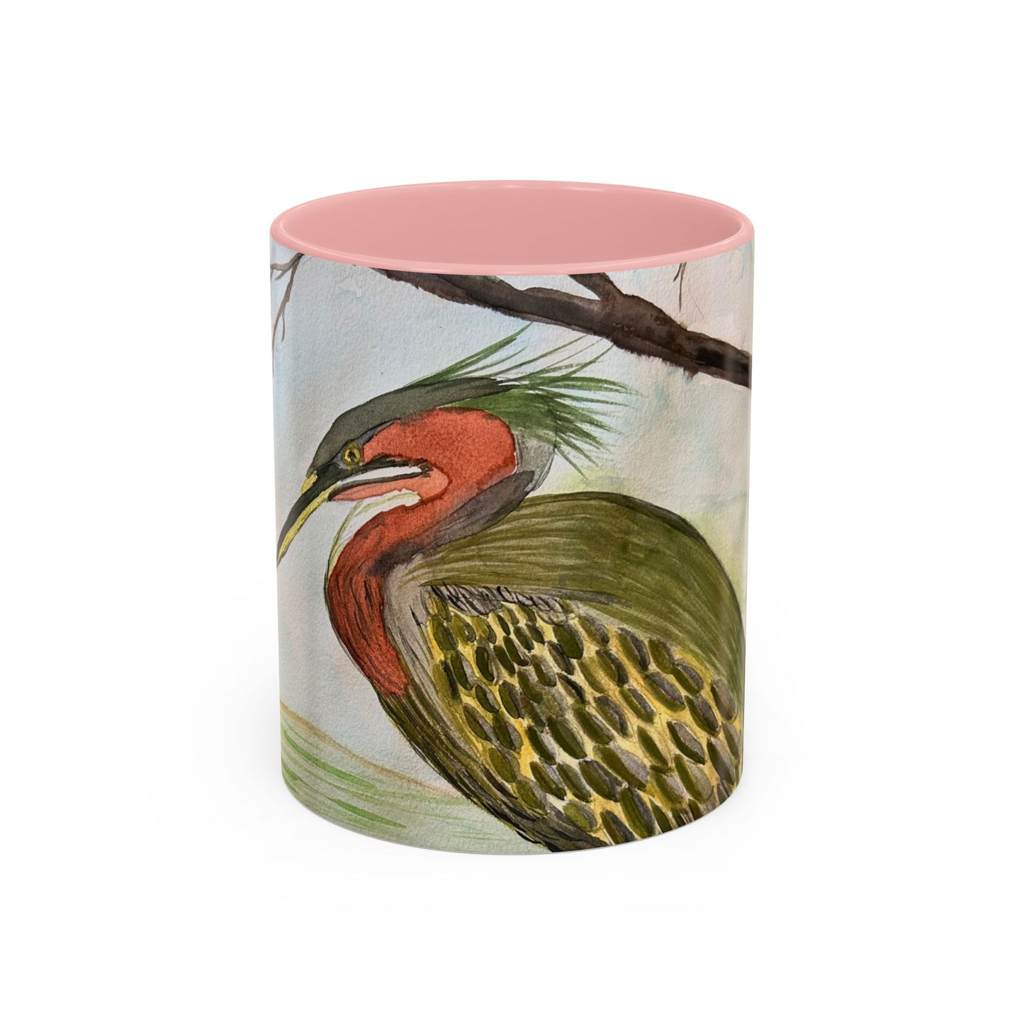 Green Heron Watercolor Accent Coffee Mug — Nature Bird Watercolor (11/15oz)