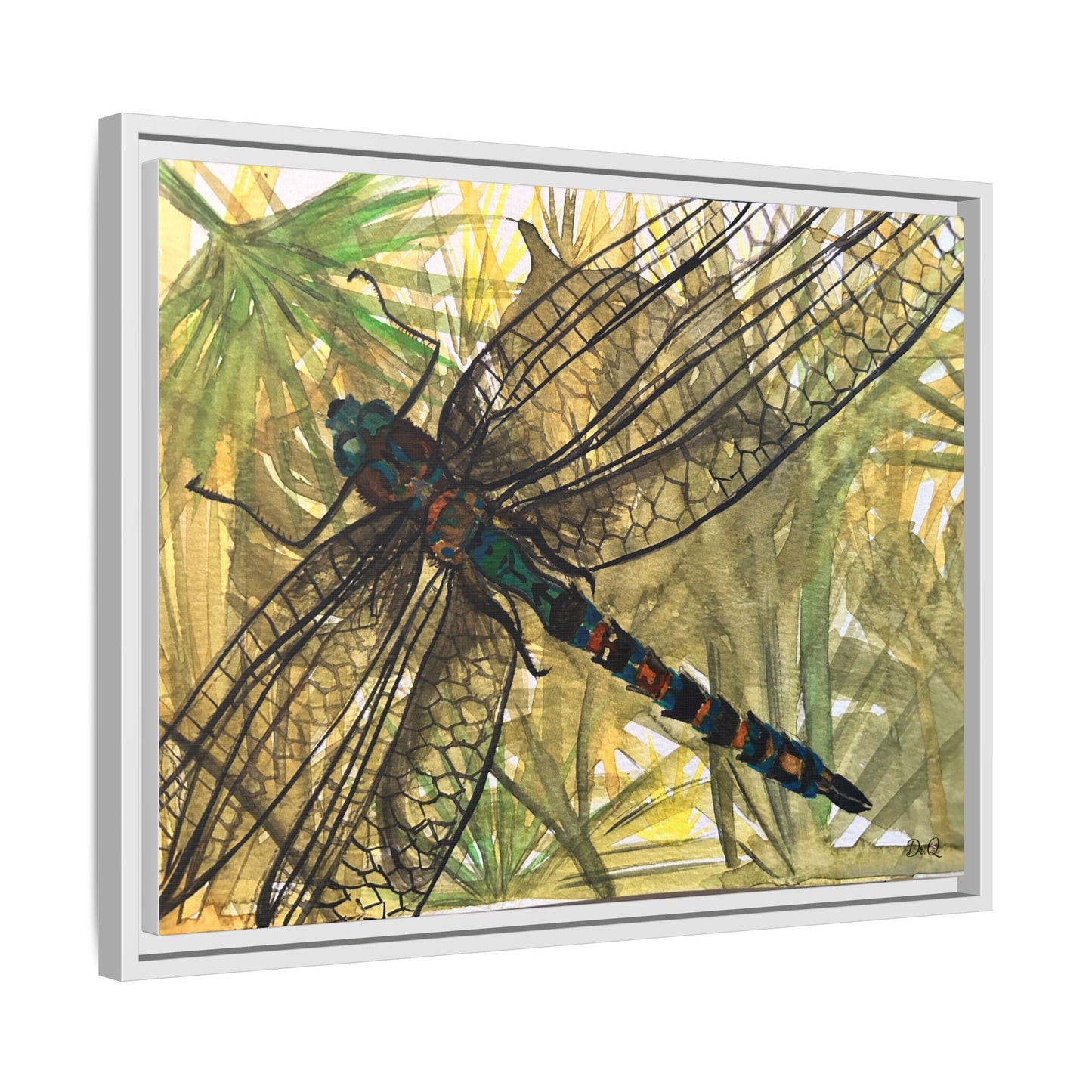 Dragonfly Framed Canvas Art — Botanical Watercolor Wall Decor