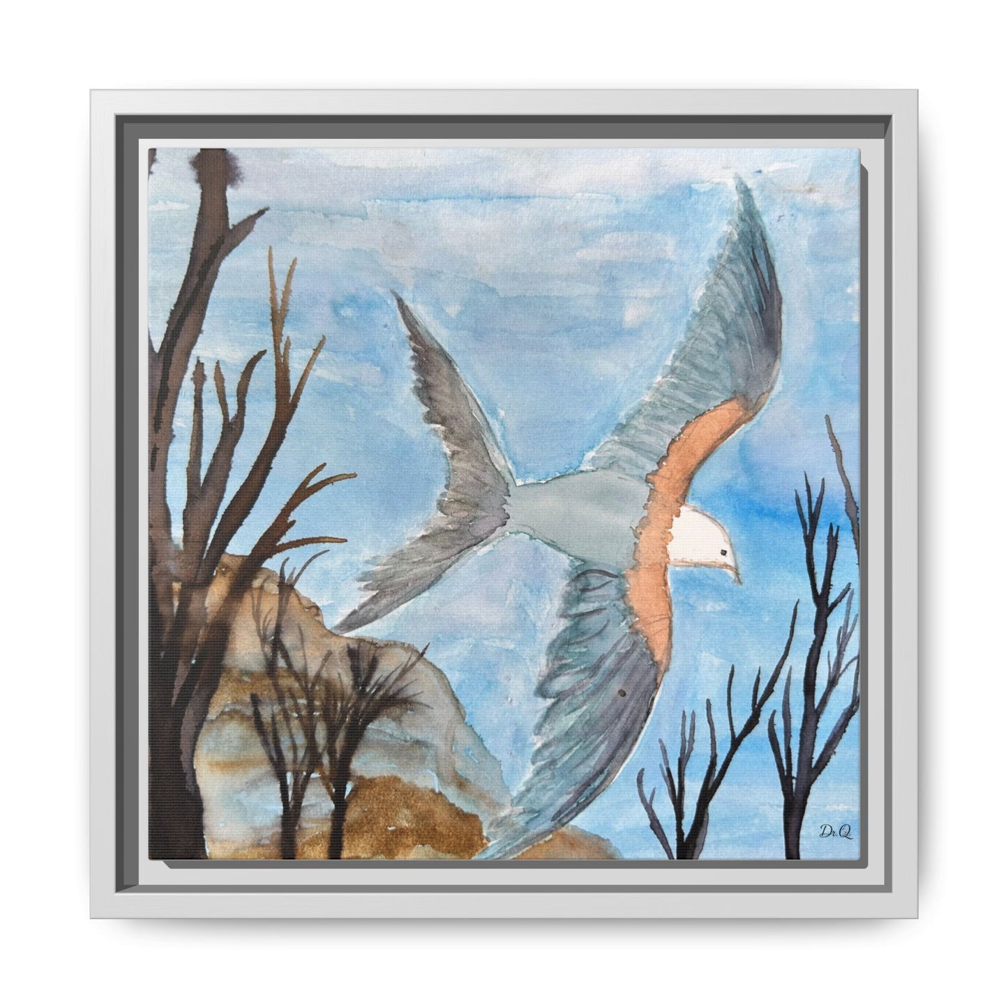 Framed Matte Canvas Wall Art — Soaring Seagull Coastal Print