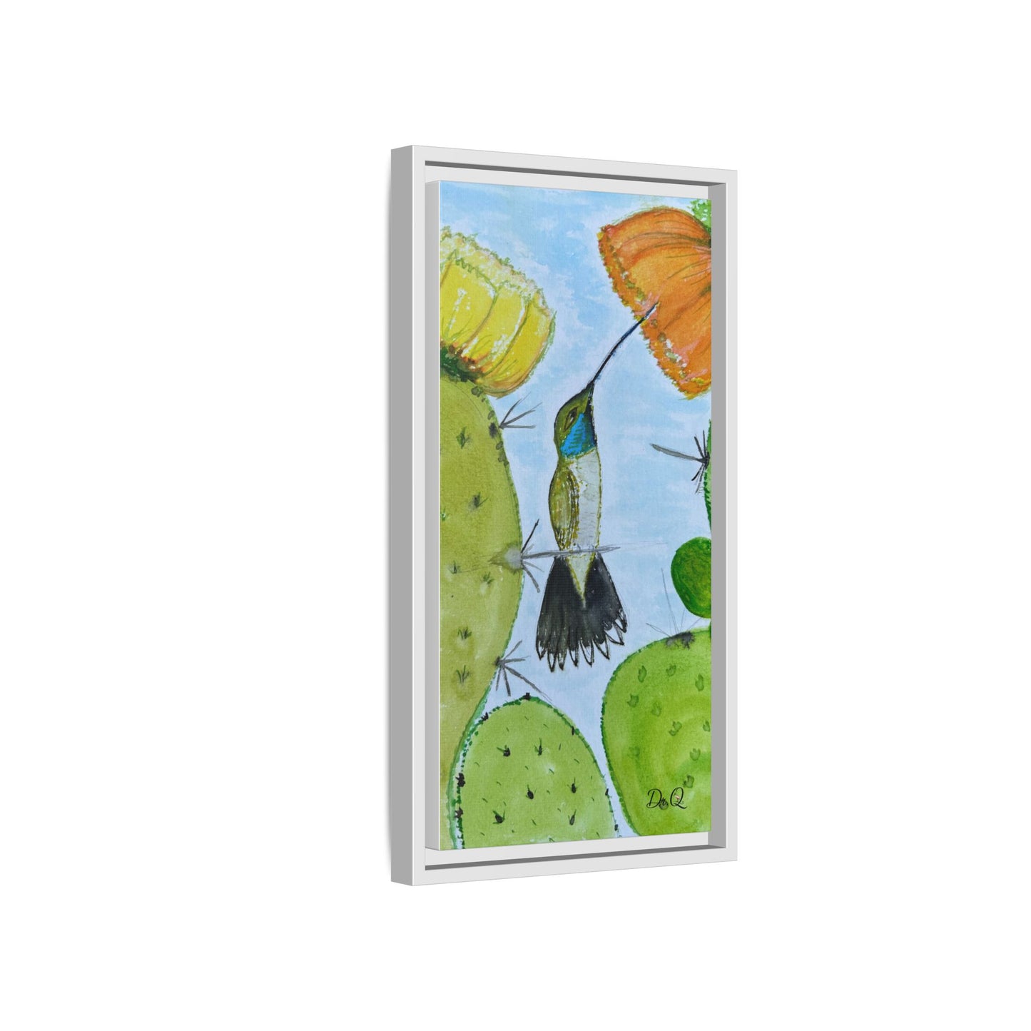 Framed Hummingbird Cactus Watercolor Print on Canvas by Dr. Q — Floral Desert Wall Art