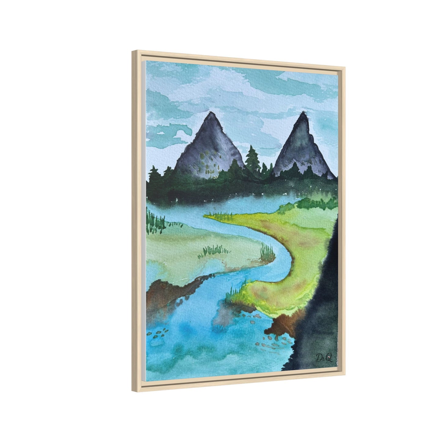 Mountain River Framed Canvas Watercolor Print by Dr. Q