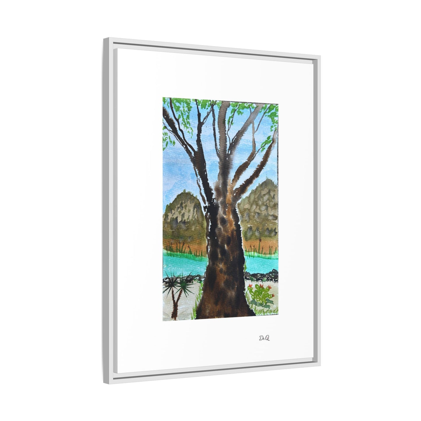 Tranquil Lakeside Tree Watercolor - Framed Matte Canvas Print by Dr. Q