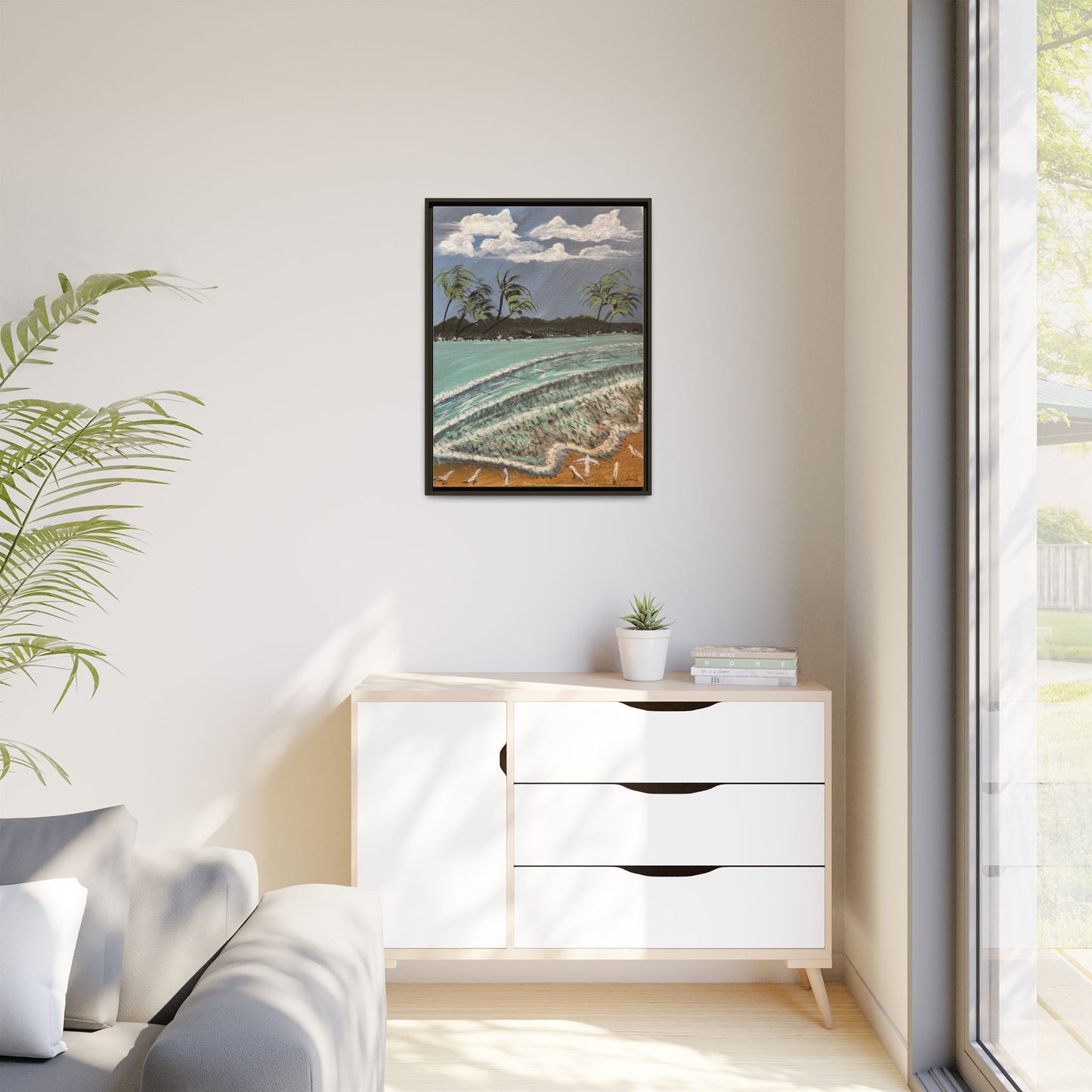 Tropical Seascape Matte Framed Canvas – Palm Trees Beach Wall Art