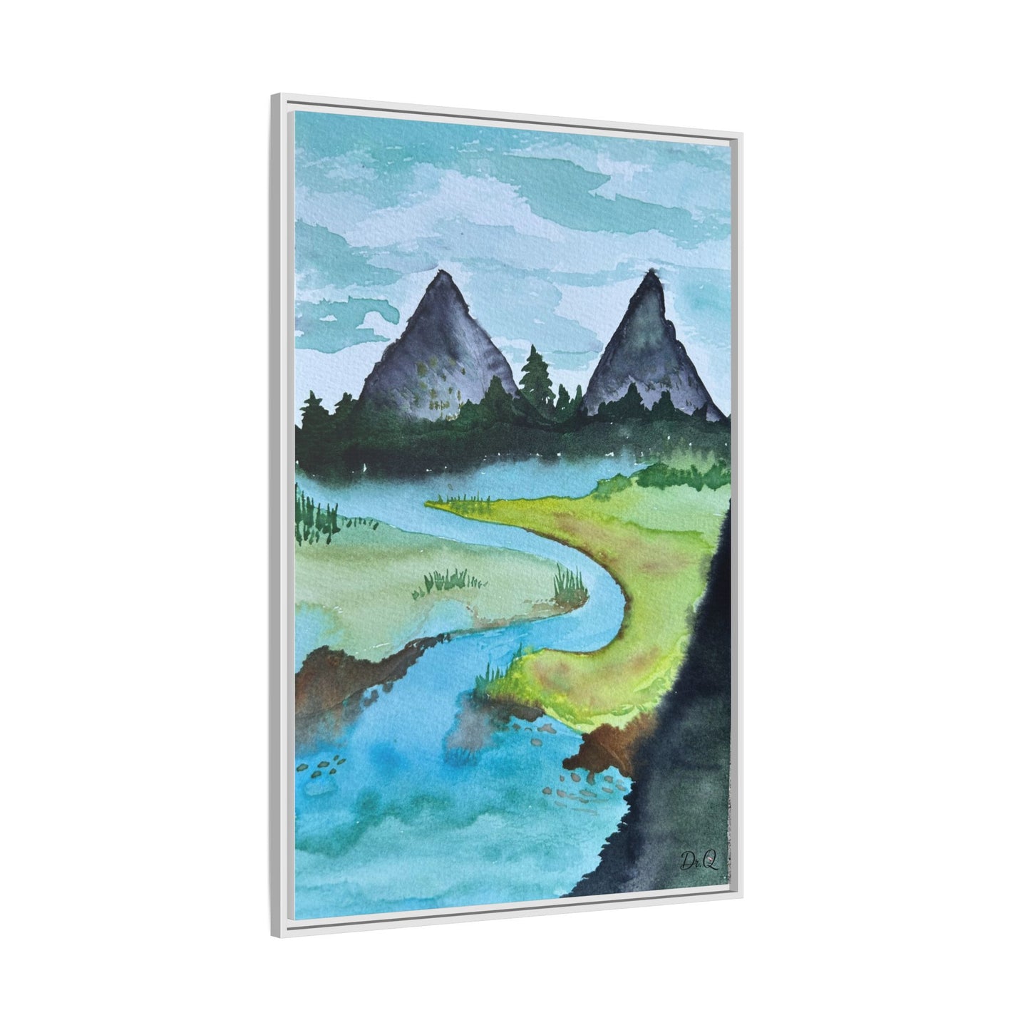 Mountain River Framed Canvas Watercolor Print by Dr. Q
