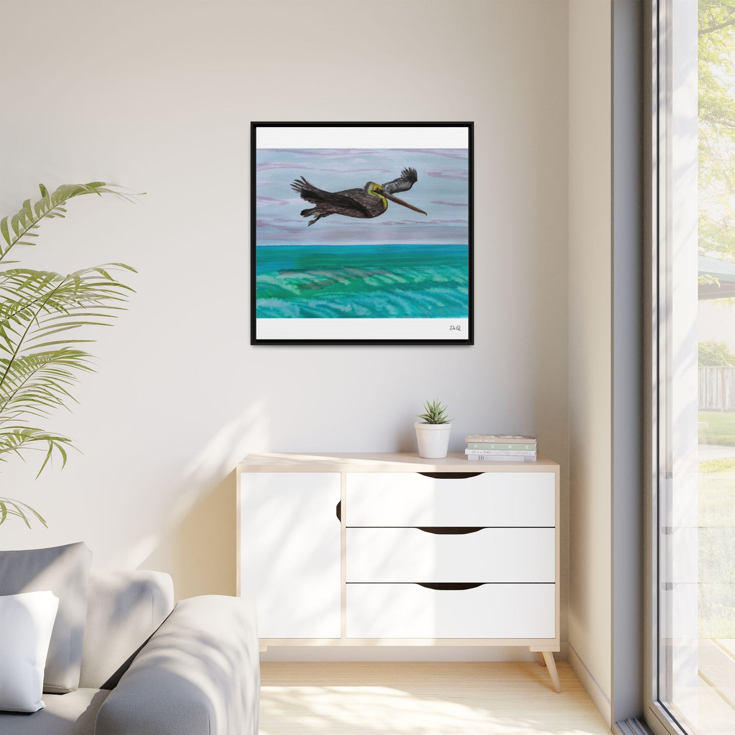 Brown Pelican Over Ocean Matte Framed Canvas Art