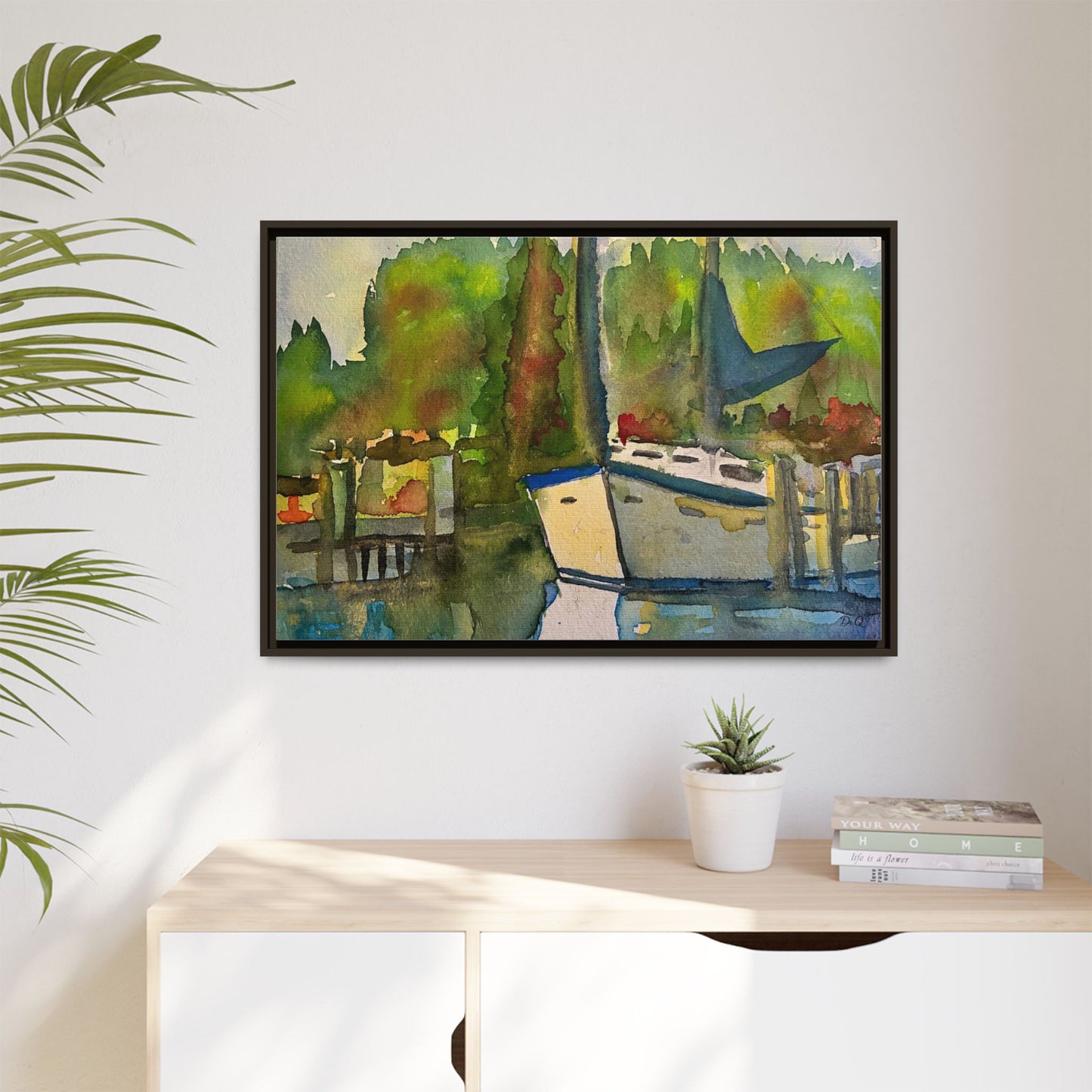 Sailboat Harbor Watercolor — Framed Matte Canvas Wall Art