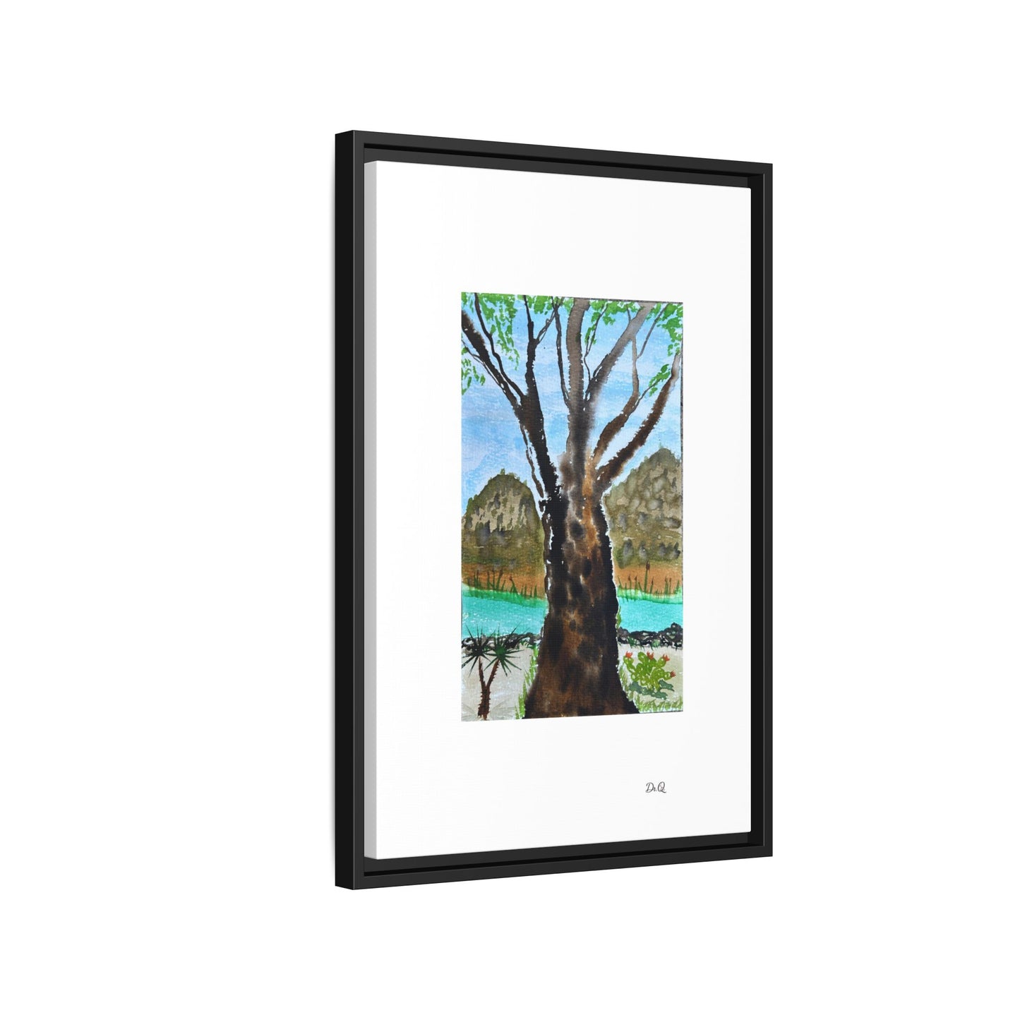 Tranquil Lakeside Tree Watercolor - Framed Matte Canvas Print by Dr. Q