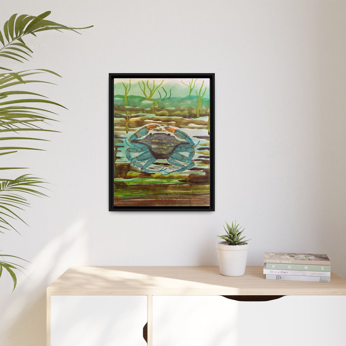 Blue Crab Coastal Art Print — Matte Framed Canvas