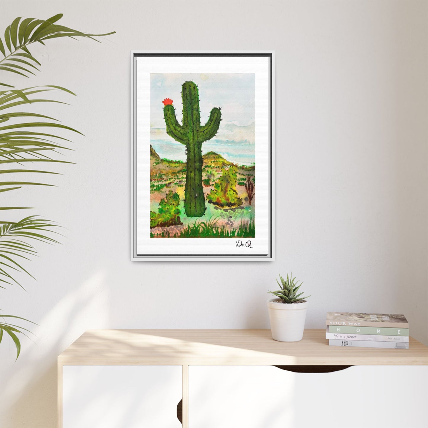Framed Cactus Canvas Print — Desert Watercolor Wall Art