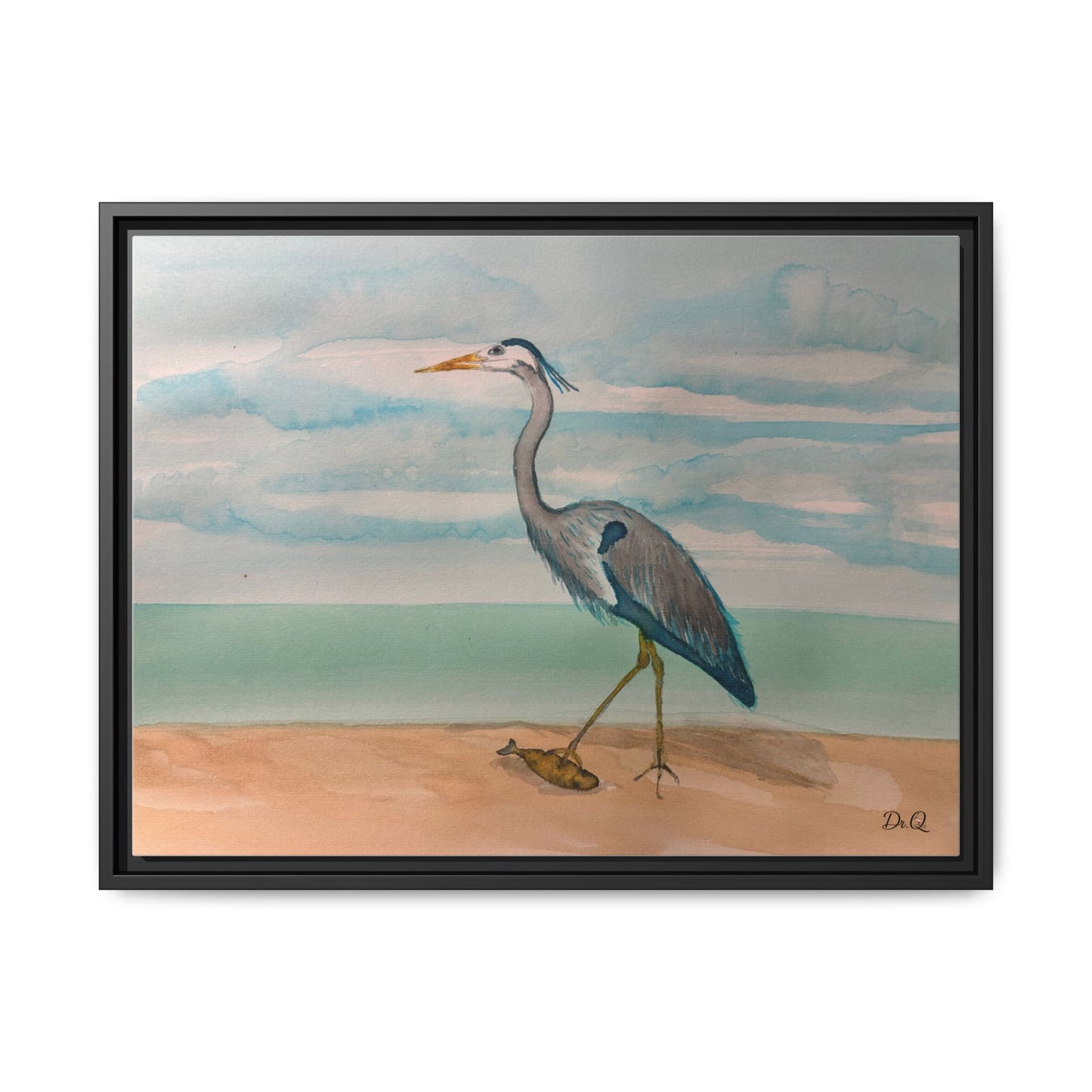 Framed Heron Beach Matte Canvas — Coastal Watercolor Wall Art
