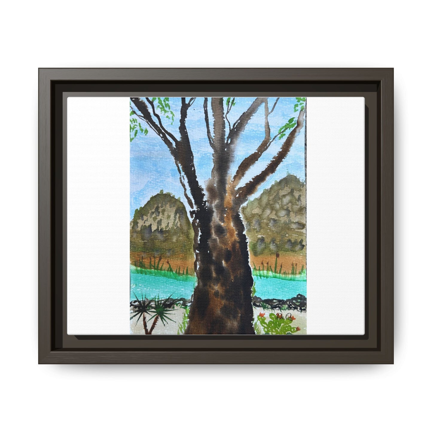 Tranquil Lakeside Tree Watercolor - Framed Matte Canvas Print by Dr. Q
