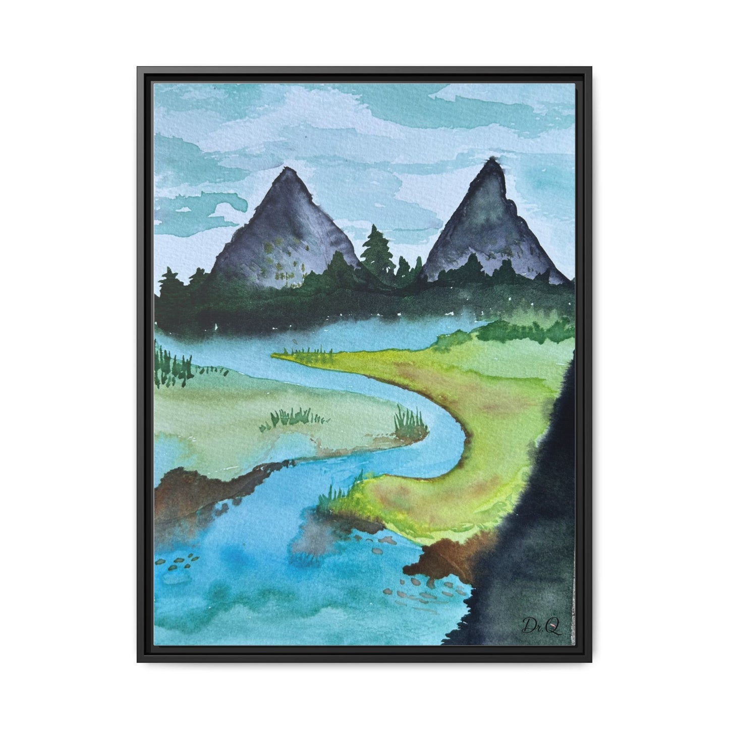 Mountain River Framed Canvas Watercolor Print by Dr. Q