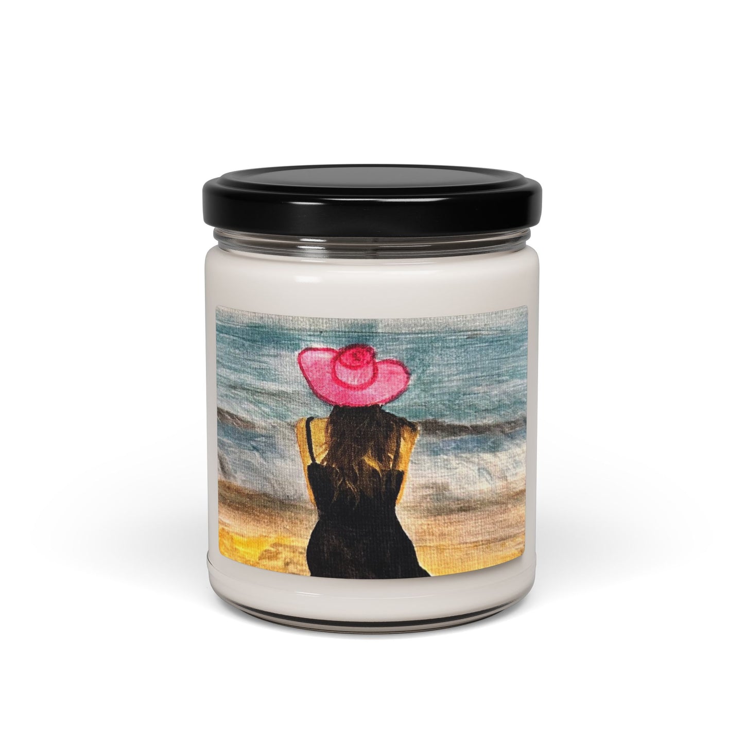Soy Candle — Seaside Woman with Pink Hat | 9oz Scented Beach Candle